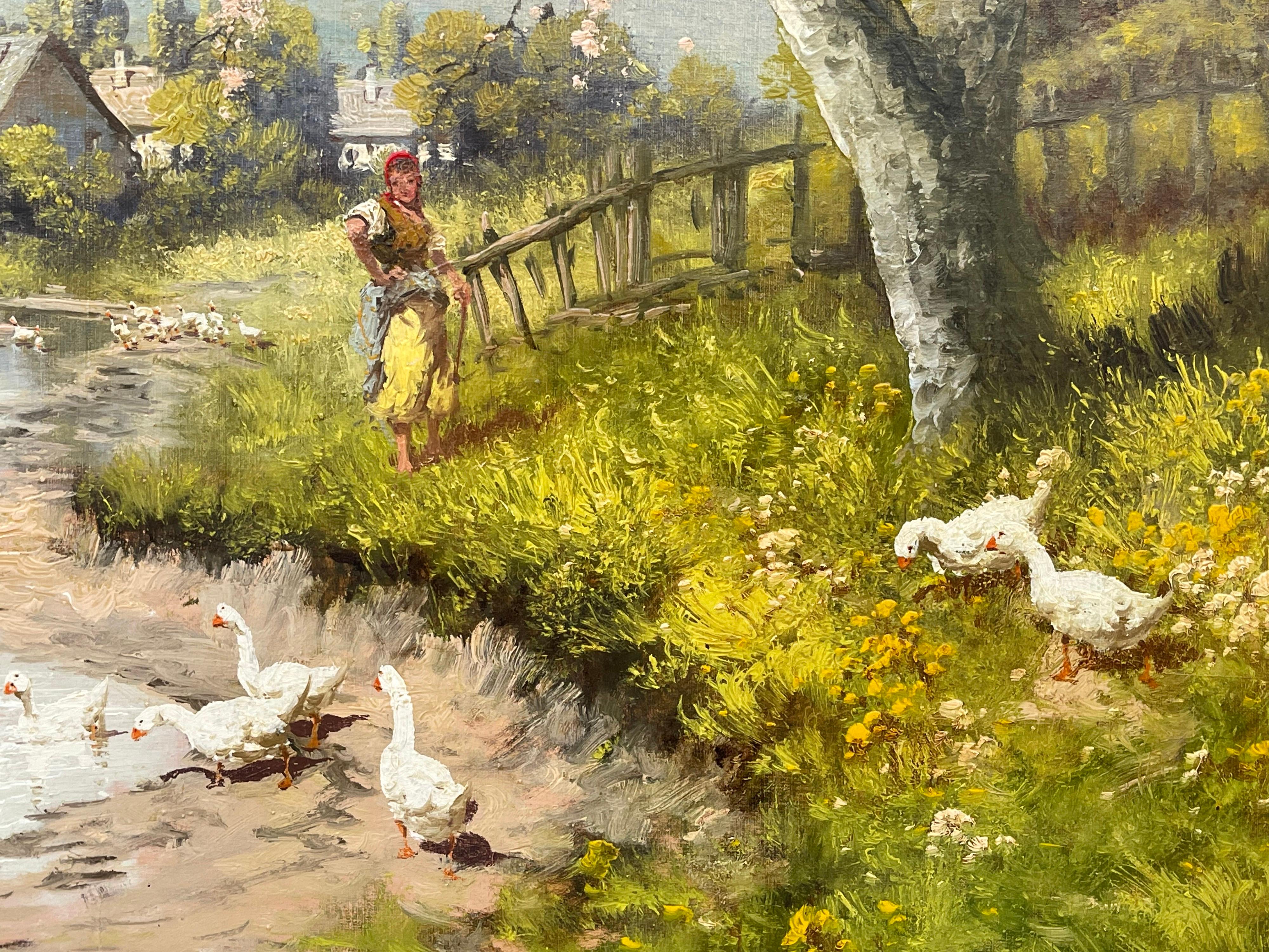 Countryside Village River Scene with Tree Blossom, Figure and Geese 20th Century For Sale 4