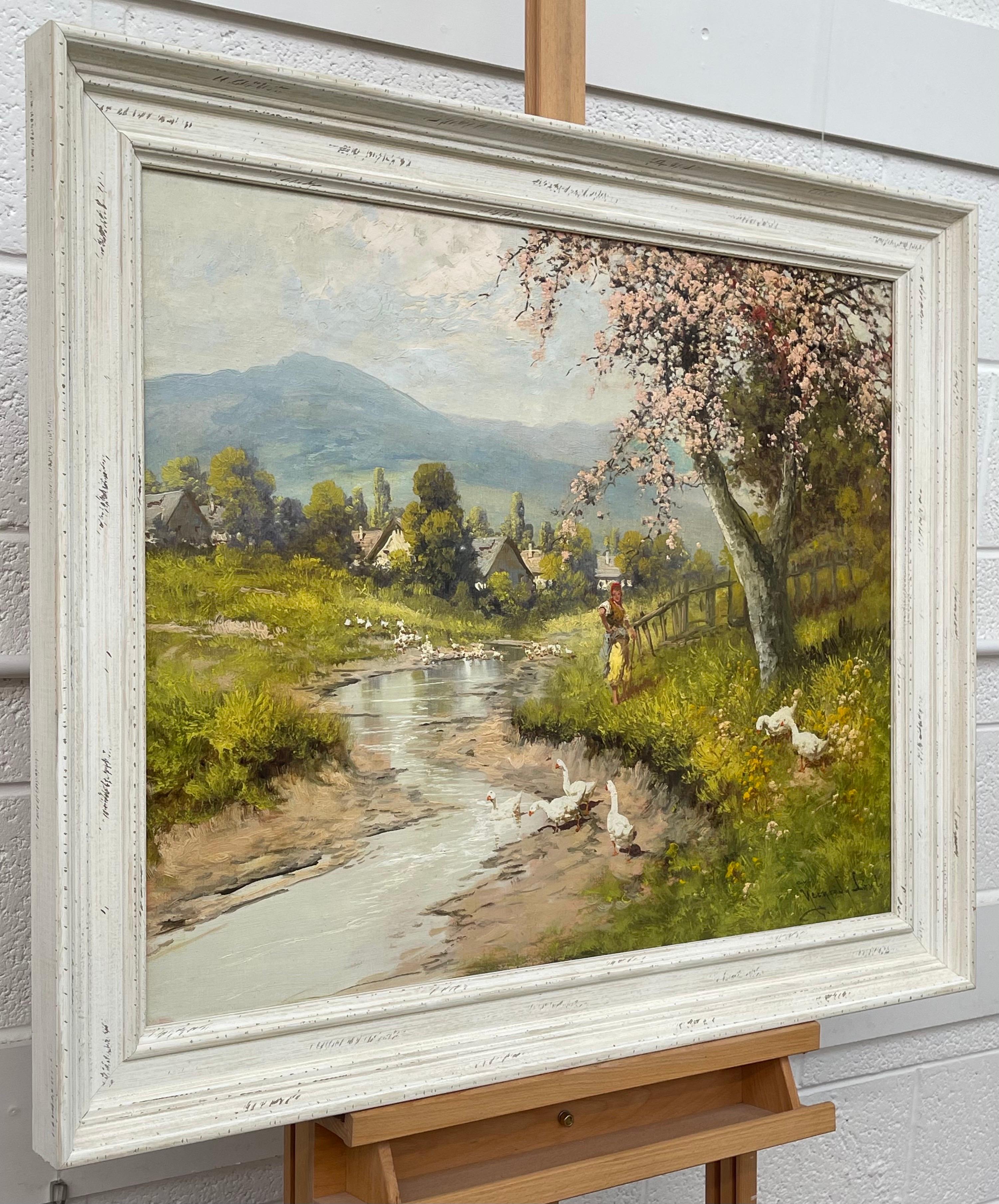 Countryside Village River Scene mit Baumblüte, Figur und Gänseblümchen, 20. Jahrhundert – Painting von Laszlo Neogrady