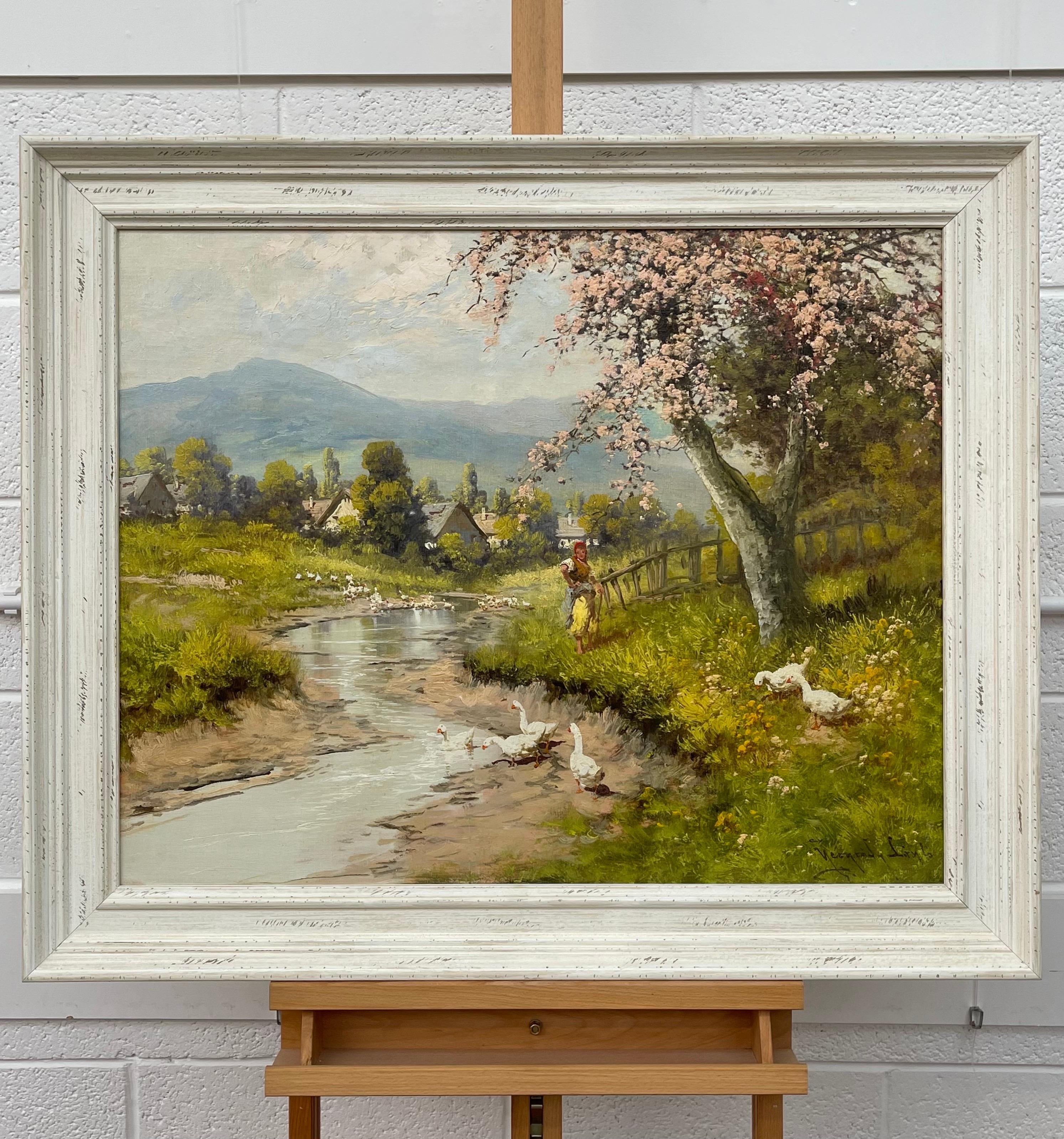 Countryside Village River Scene mit Baumblüte, Figur und Gänseblümchen, 20. Jahrhundert (Land), Painting, von Laszlo Neogrady
