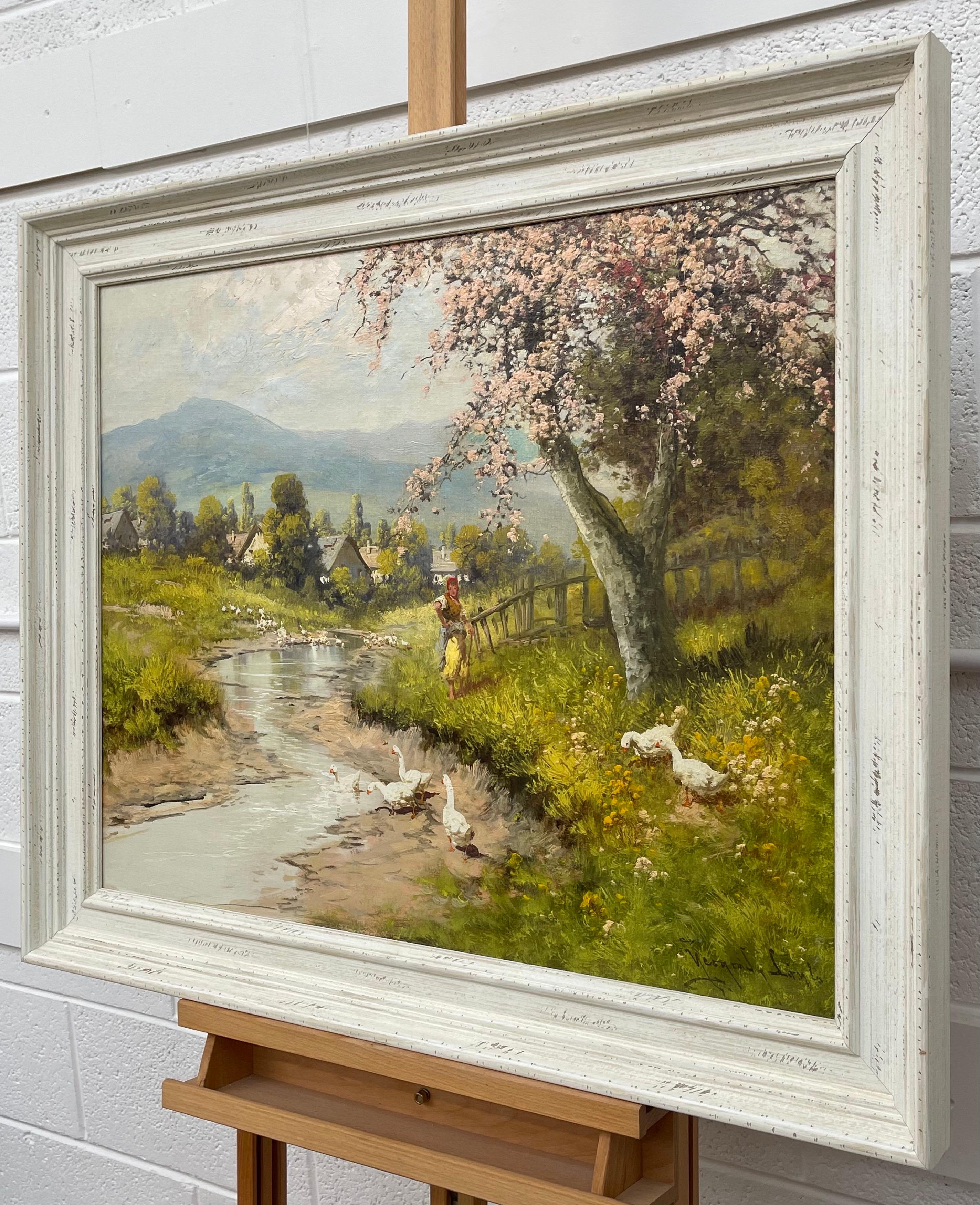 Countryside Village River Scene mit Baumblüte, Figur und Gänseblümchen, 20. Jahrhundert (Braun), Figurative Painting, von Laszlo Neogrady