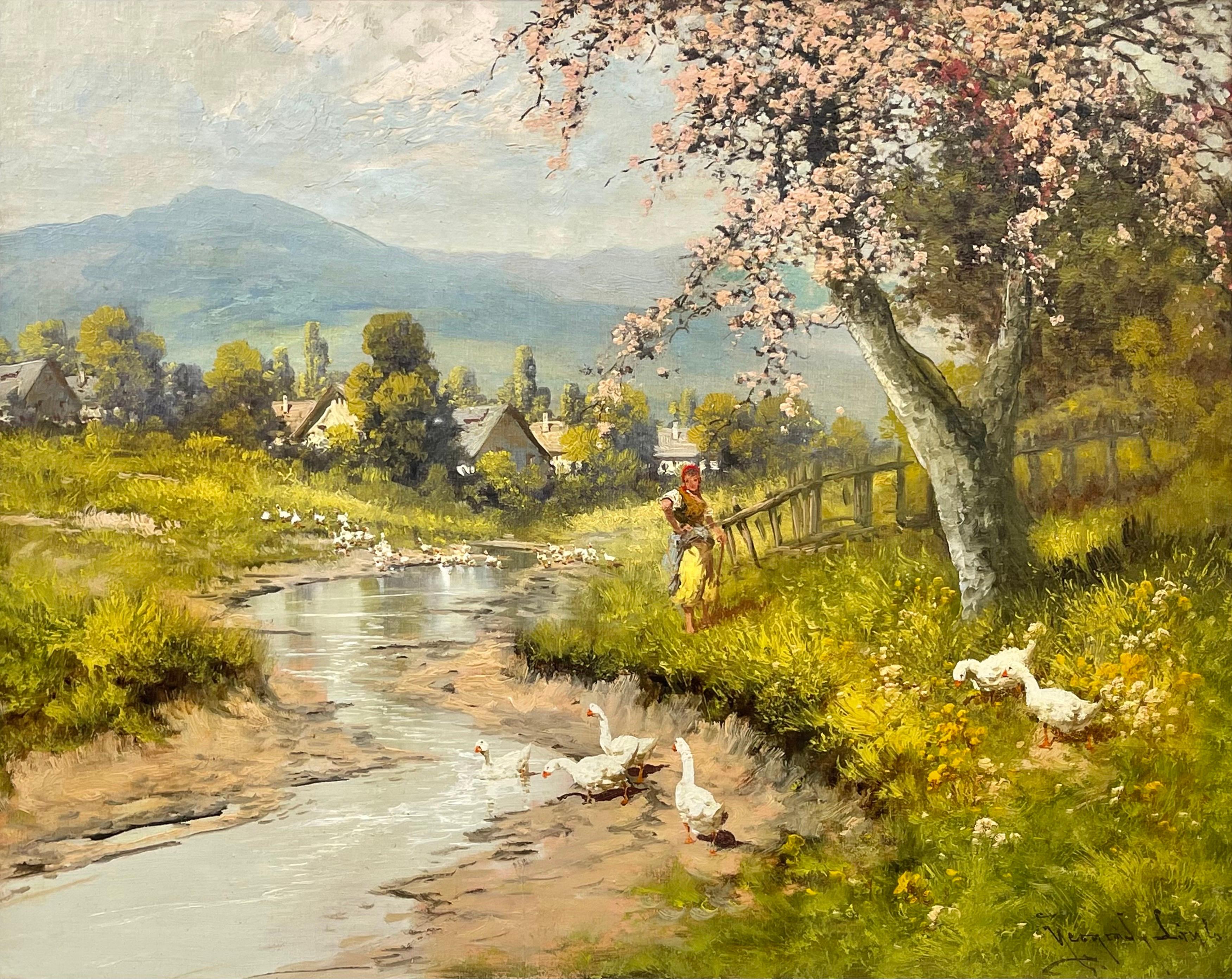 Flusslandschaft auf dem Land mit Kirschbaumblüte, weiblicher Figur und Gänsen von Laszlo Neogrady (1896-1962), einem Künstler des frühen 20. Jahrhunderts. Eingerahmt in eine hochwertige, weiße, schäbig-schicke, zeitgenössische Holzleiste.

Kunst