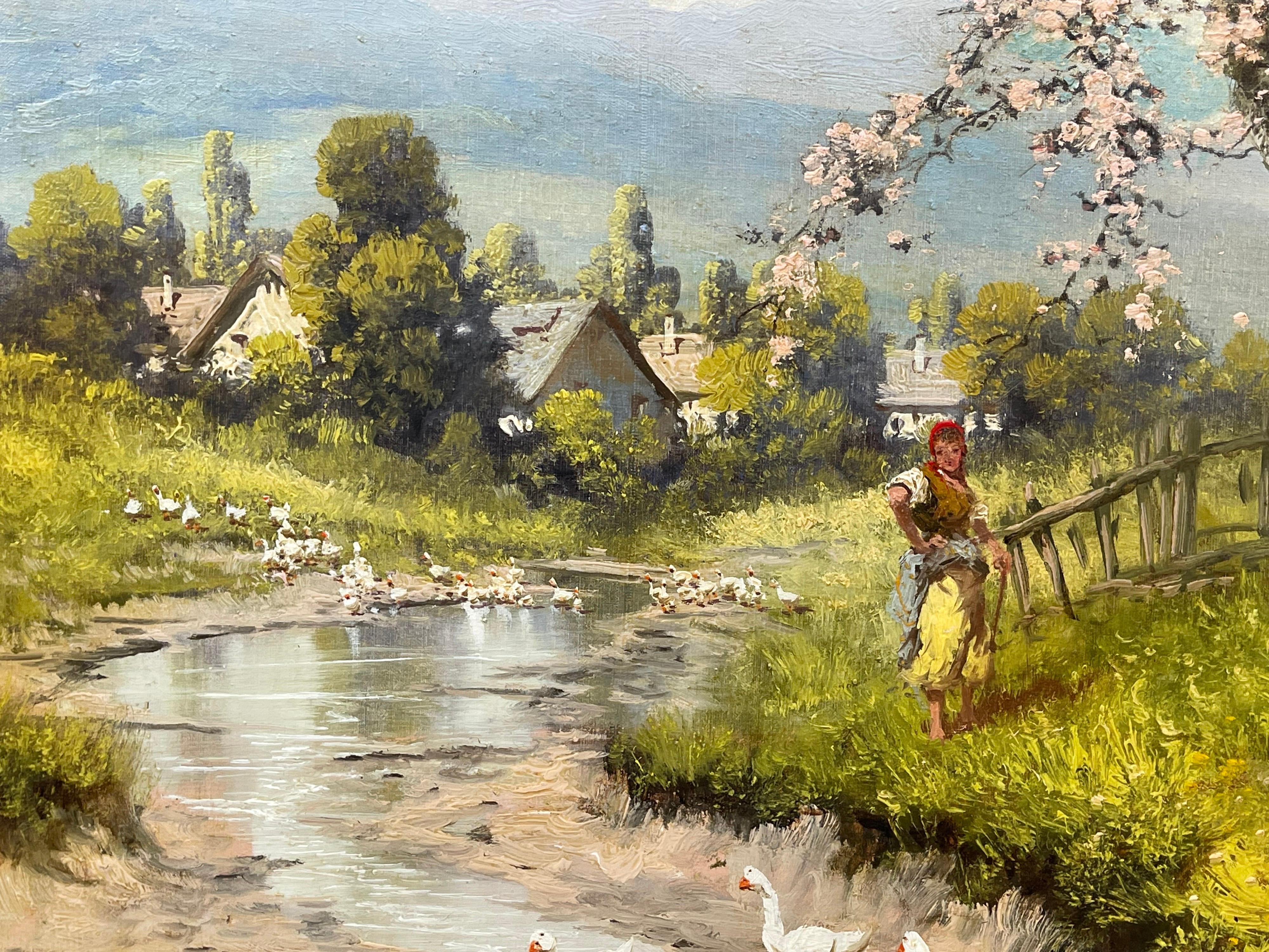 Countryside Village River Scene with Tree Blossom, Figure and Geese 20th Century - Land Painting by Laszlo Neogrady