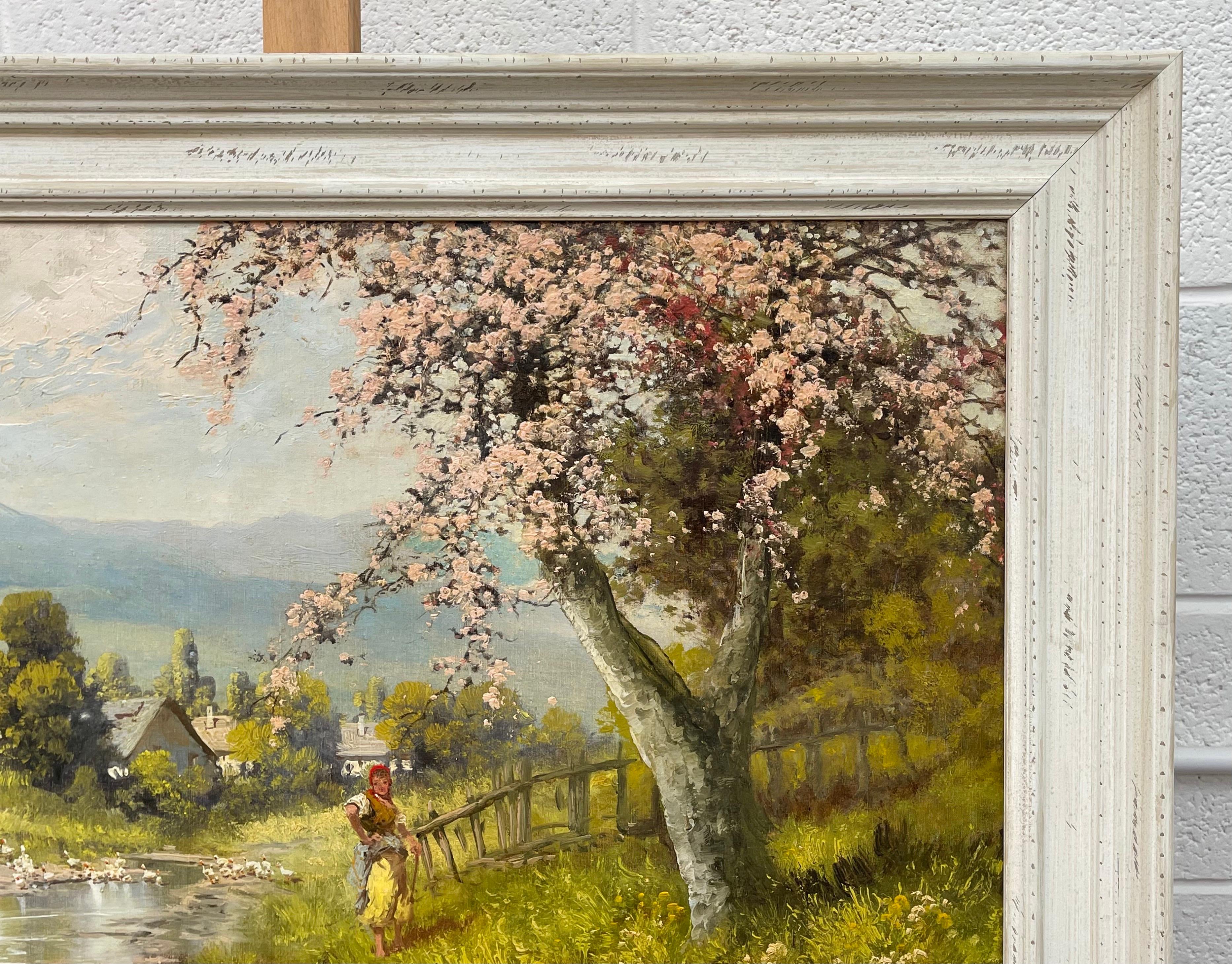 Countryside Village River Scene with Tree Blossom, Figure and Geese 20th Century For Sale 1