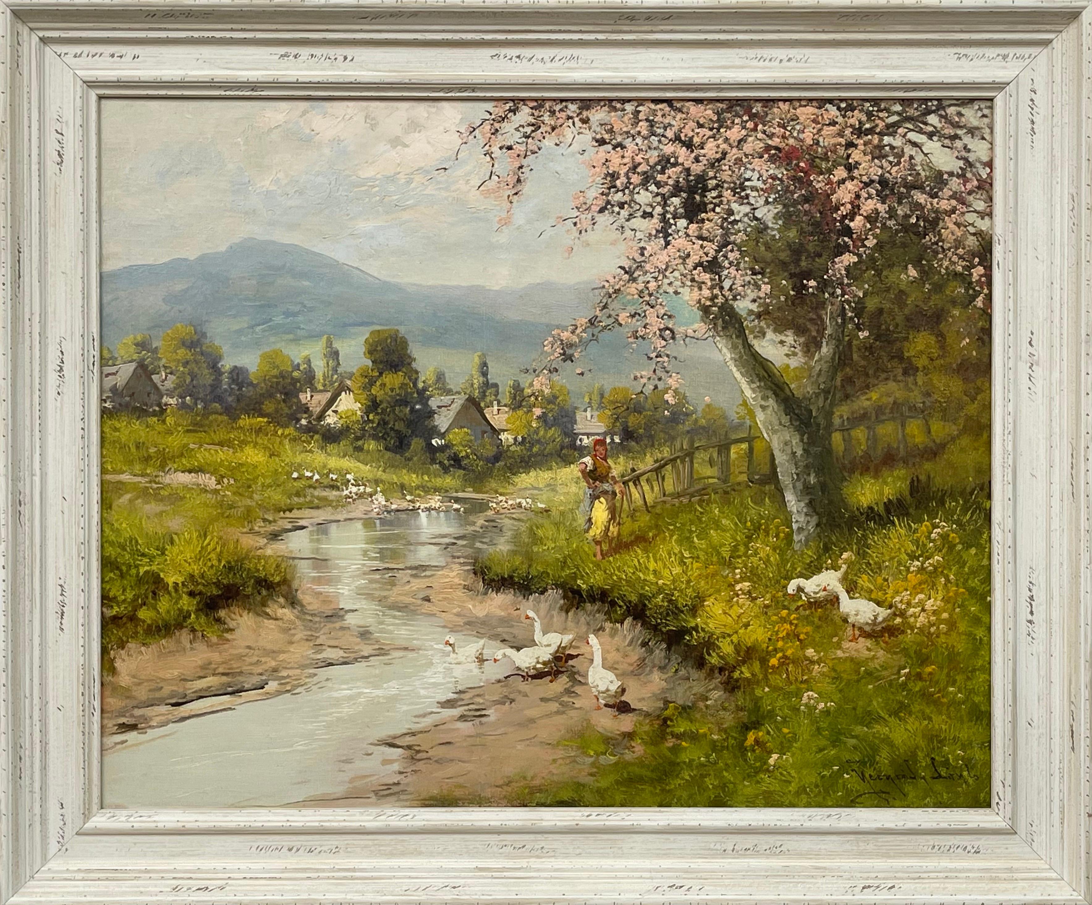 Countryside Village River Scene with Tree Blossom, Figure and Geese 20th Century