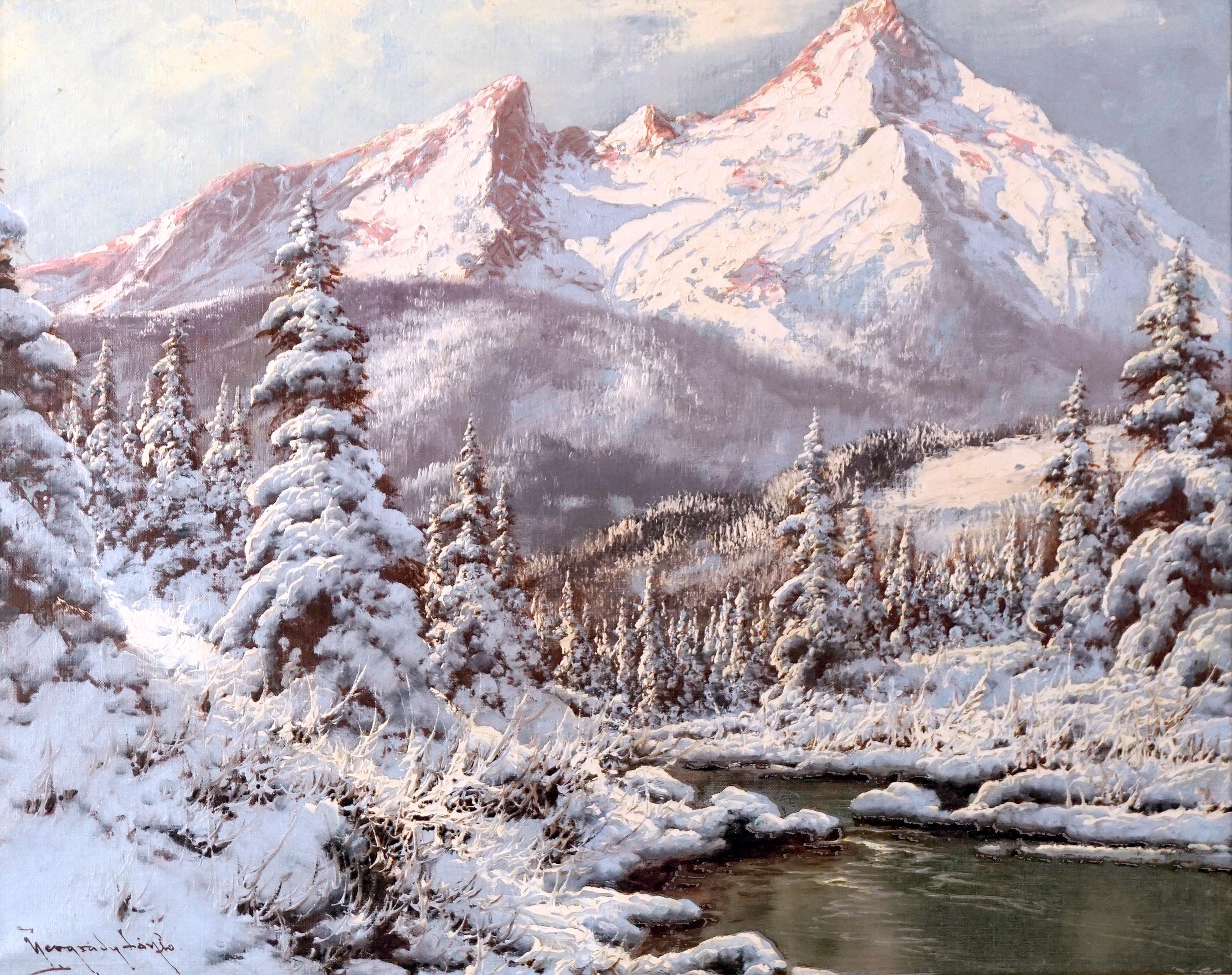 Verschneite Tatra im Winter mit Kiefern und Bach – Painting von Laszlo Neogrady