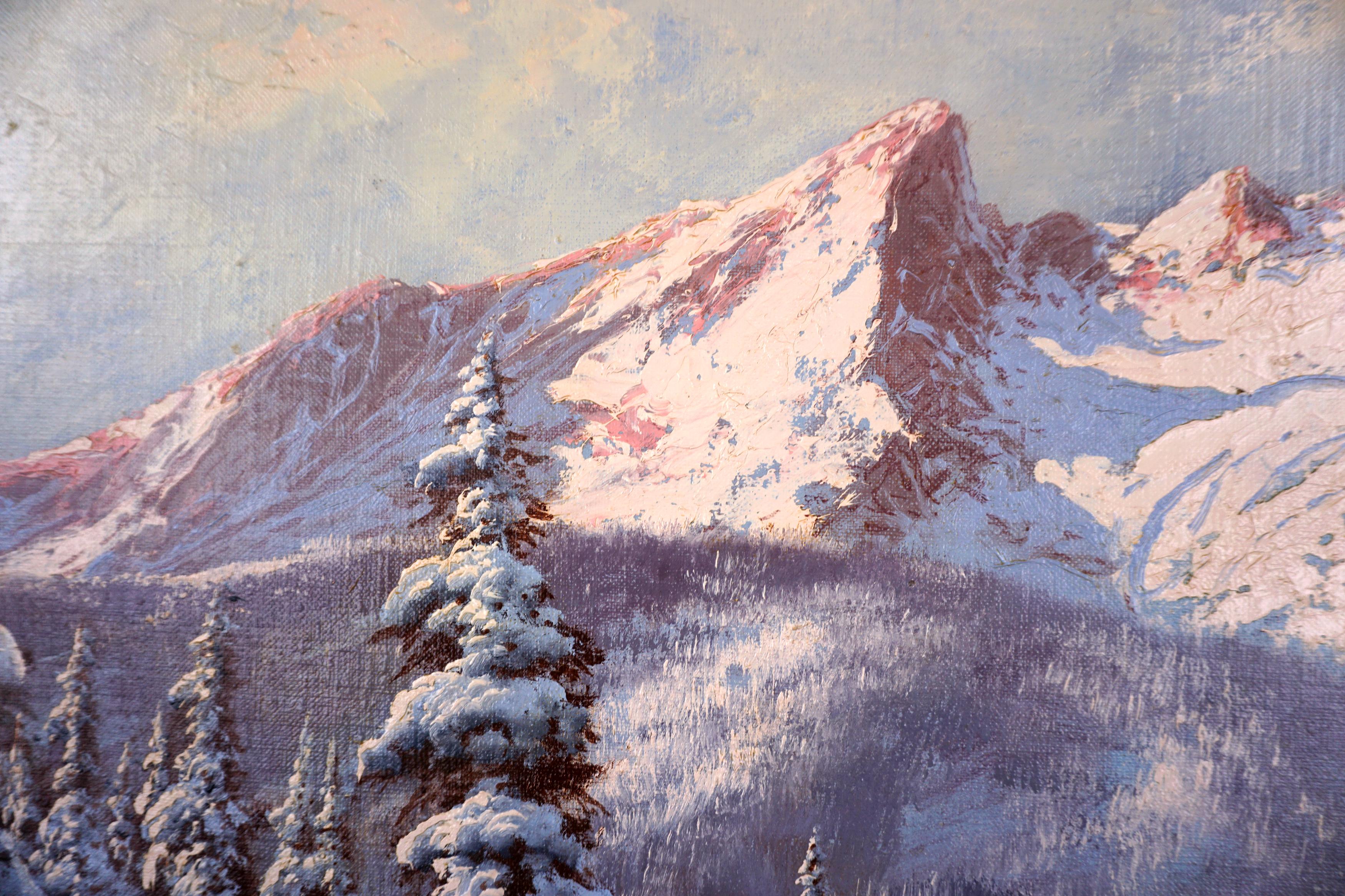 Verschneite Tatra im Winter mit Kiefern und Bach (Nachkriegszeit), Painting, von Laszlo Neogrady