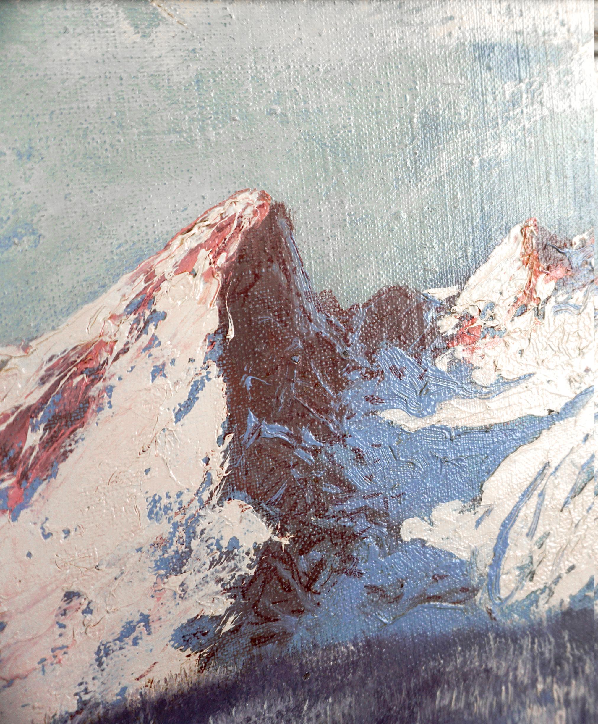 Verschneite Tatra im Winter mit Kiefern und Bach
Schöne verschneite Nachkriegsszene mit Bergen und Kiefern von Laszlo Neogrady (Ungar, 1896-1962), um 1940. Die schöne Textur der Farbe verleiht Tiefe und Dimension. Signiert in der linken unteren