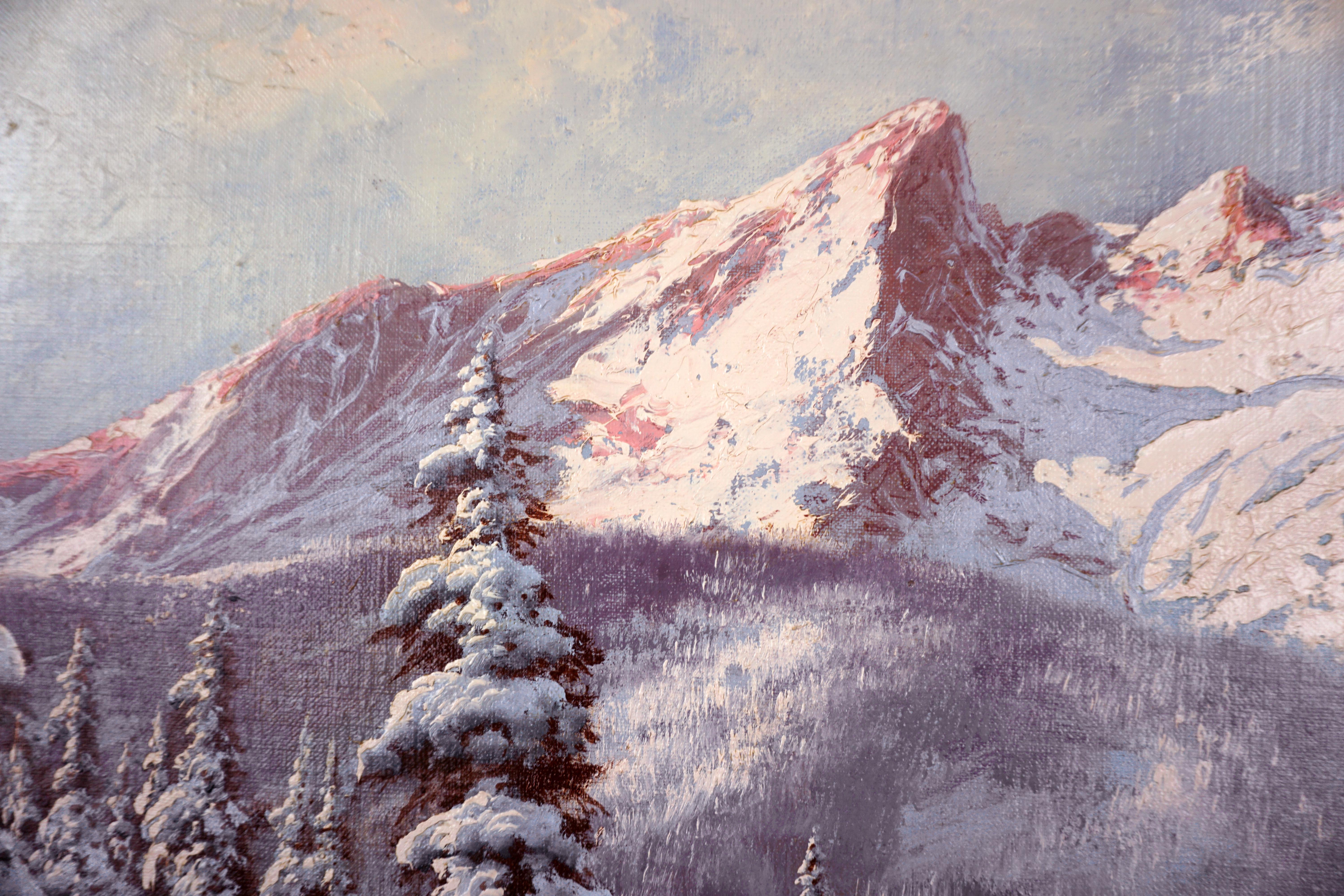 Winter's Snowy Tatra Mountains with Pines and Stream - Post-War Painting by Laszlo Neogrady