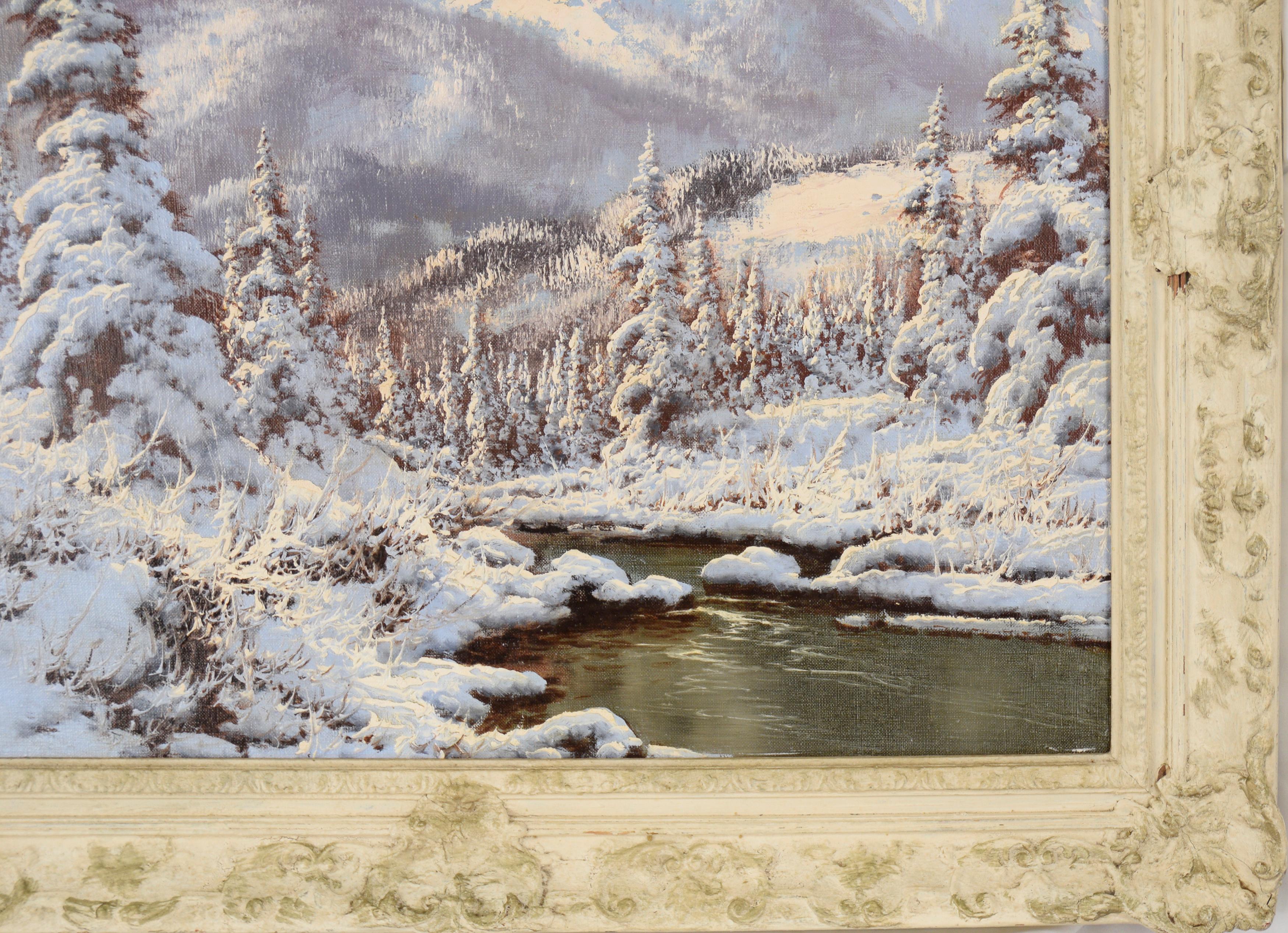 Winter's Snowy Tatra Mountains with Pines and Stream
Beautiful post-war winter snowy scene with mountains and pine by Laszlo Neogrady (Hungarian, 1896-1962), circa 1940. Lovely texture of paint adds depth and dimension. Signed lower left corner.