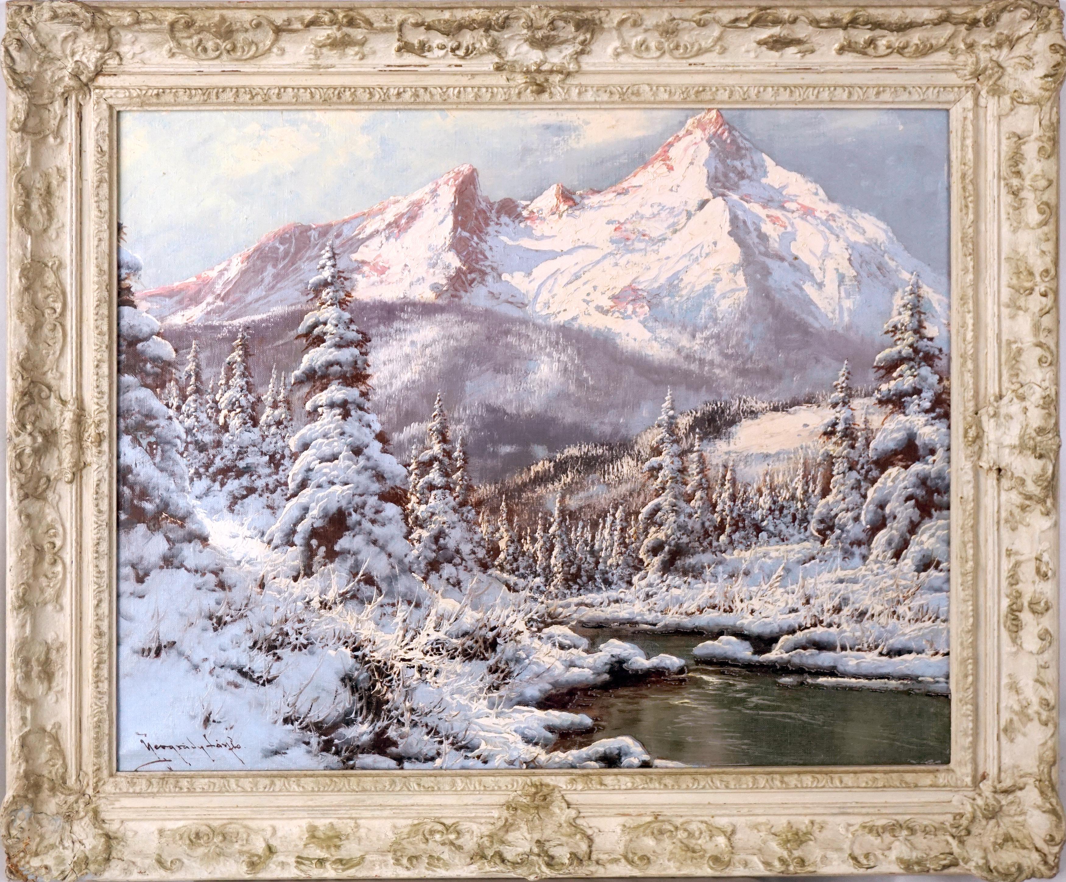 Laszlo Neogrady Landscape Painting – Verschneite Tatra im Winter mit Kiefern und Bach