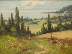 Trabajadores en el campo, pintura al óleo impresionista, principios del siglo XX
