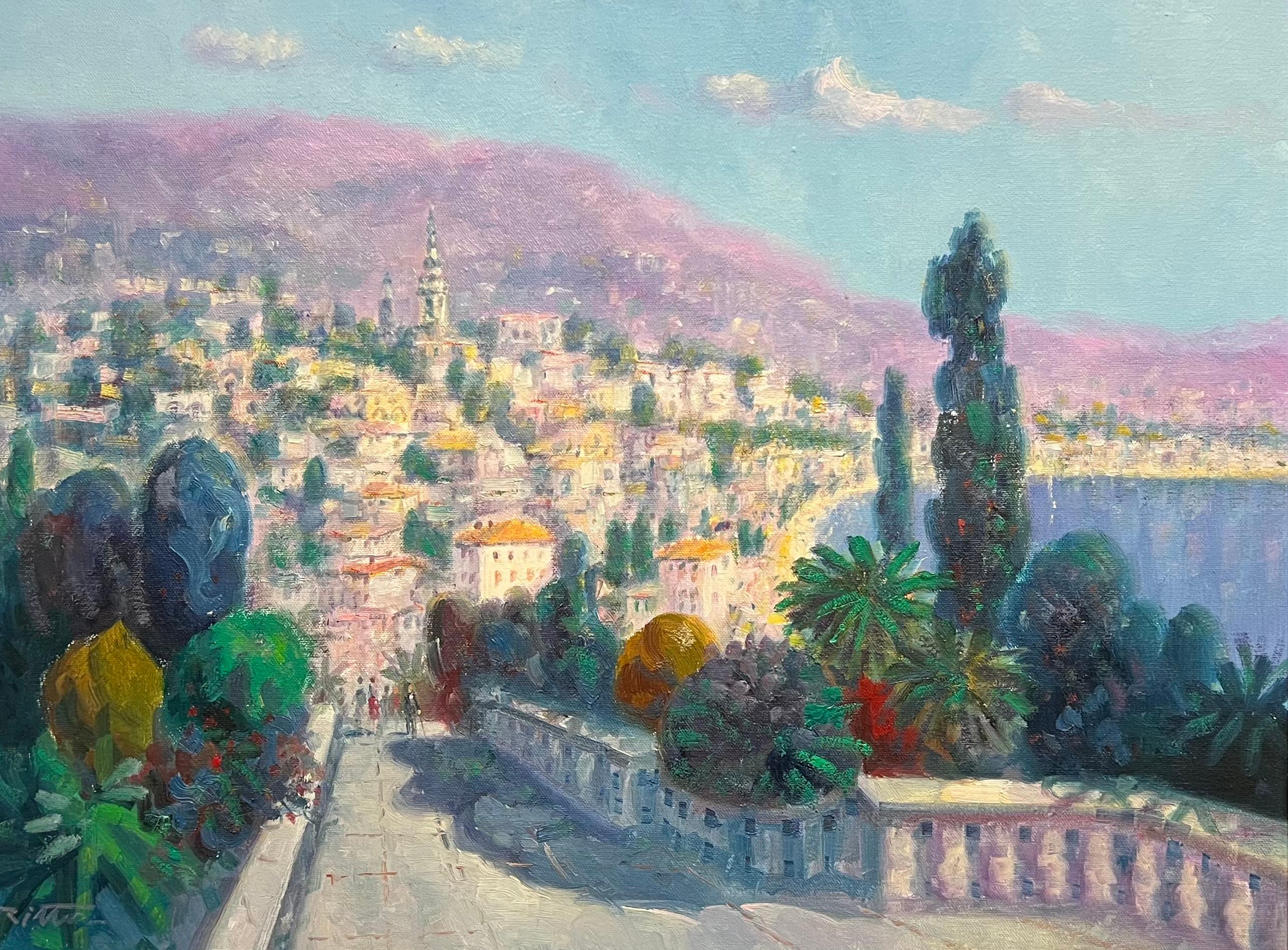 Impressionist Signed Oil Painting Menton French Riviera Cote d'Azur Landscape - Brown Figurative Painting by Laszlo Ritter