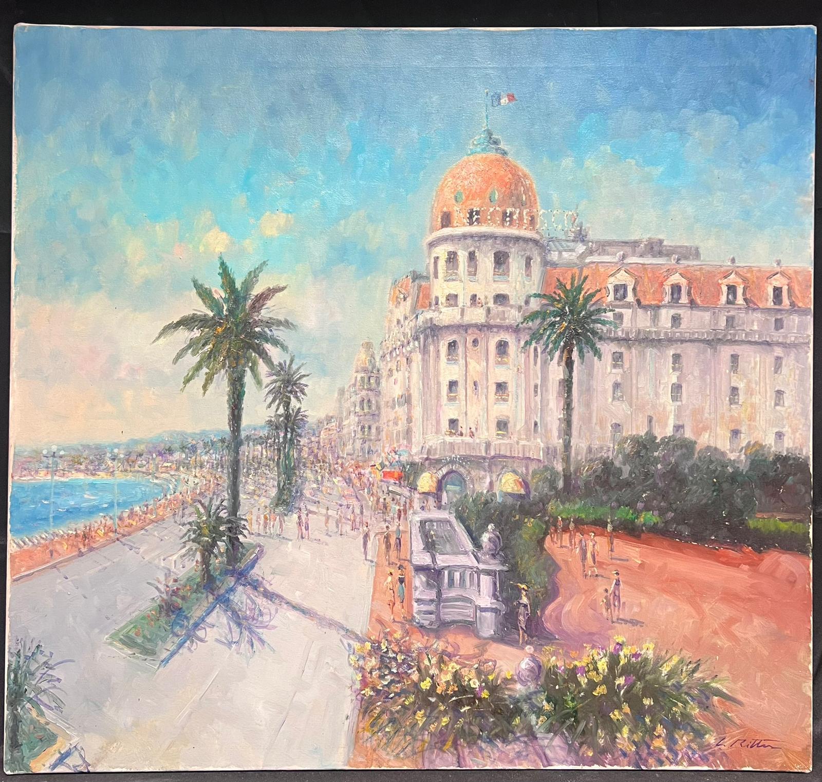 The Hotel Negresco, Nice
Promenade des Anglais, Cote d'Azur
by Laszlo Ritter (Hungarian Impressionist painter, 1937-2003)
signed oil on canvas, unframed
canvas: 28 x 30 inches
provenance: private collection, England
condition: a few minor paint loss