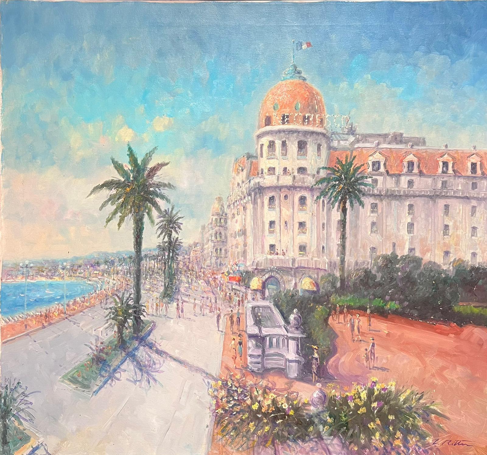 Laszlo Ritter Landscape Painting - The Negresco Note Nice Promenade des Anglais Large Impressionist Oil Painting