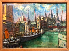Hungarian Modernist Oil Painting Marine Harbor City Scene with Boats