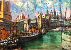 Vintage Hungarian Modernist Oil Painting Marine Harbor City Scene with Boats