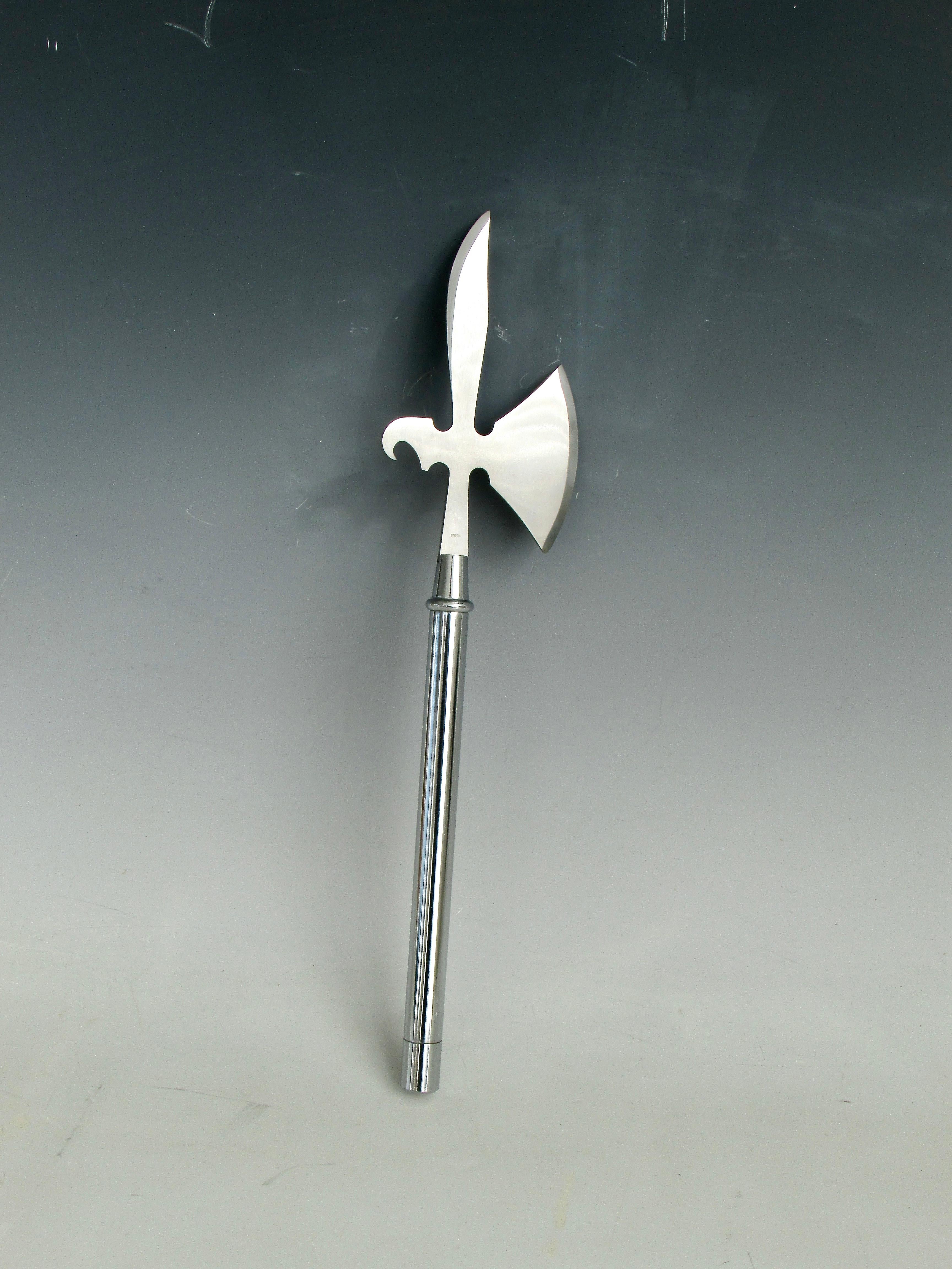 Made in Italy by Latama . Stainless steel bar tool styled after a Medieval Halberd . Long staff with hook and ax used by Knights to de mount an opponent .  Multi tool item Ice cracking ax , knife for cheese or olive , bottle opener and olive / onion