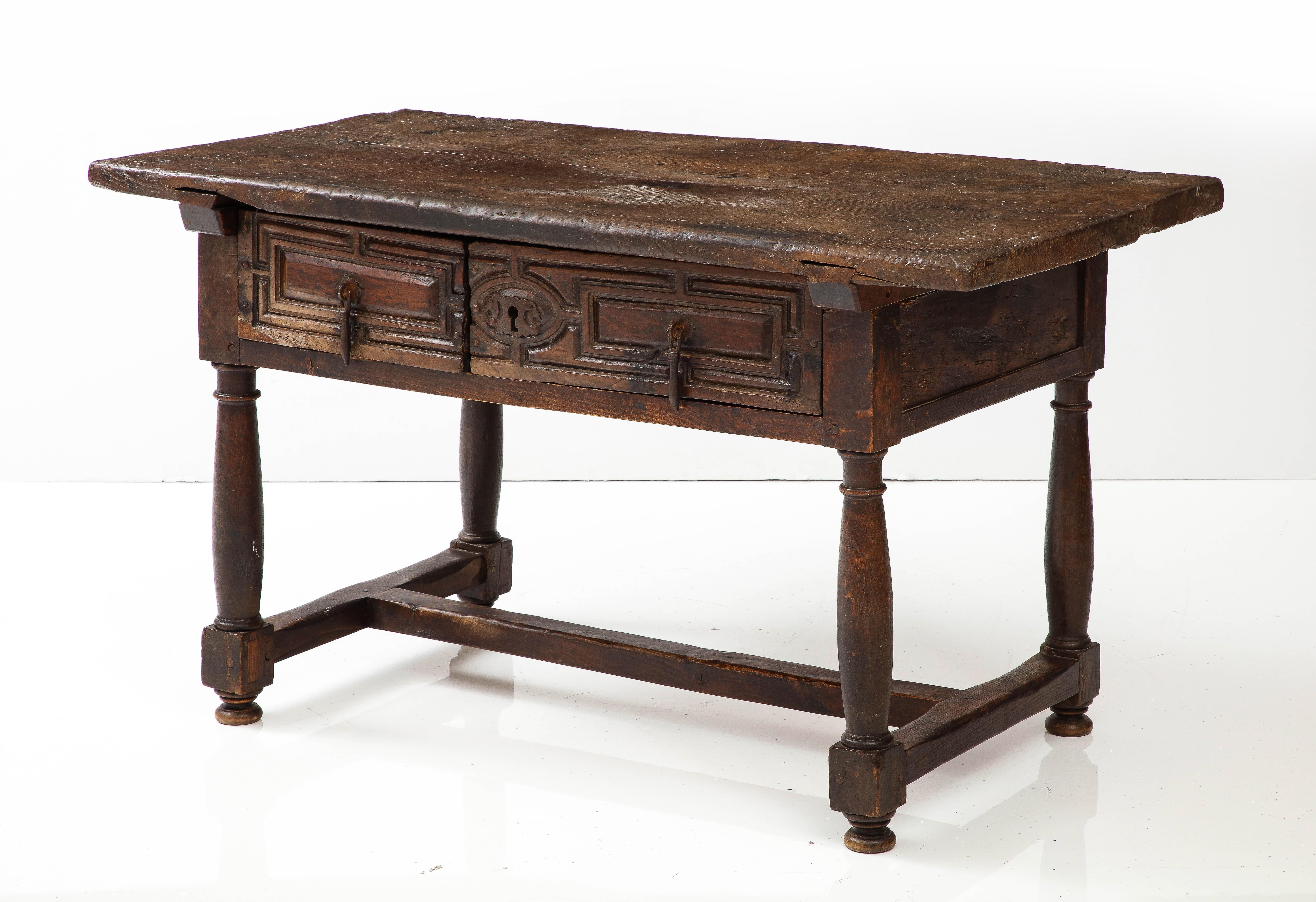Late 16th C. Spanish Walnut Table with Iron Pulls & Drawers For Sale 2