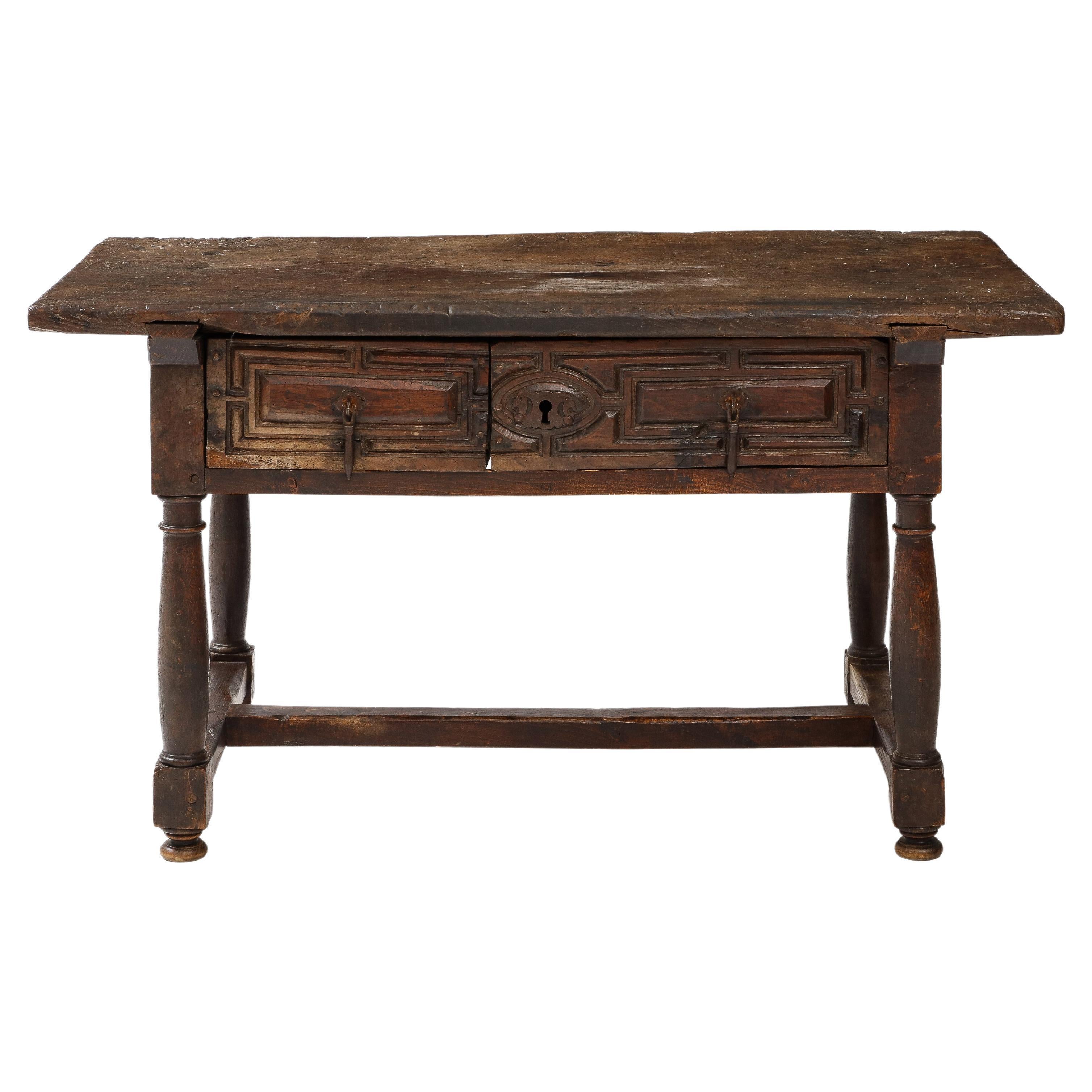 Late 16th C. Spanish Walnut Table with Iron Pulls & Drawers For Sale