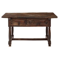 Late 16th C. Spanish Walnut Table with Iron Pulls & Drawers