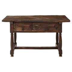 Antique Late 16th C. Spanish Walnut Table with Iron Pulls & Drawers