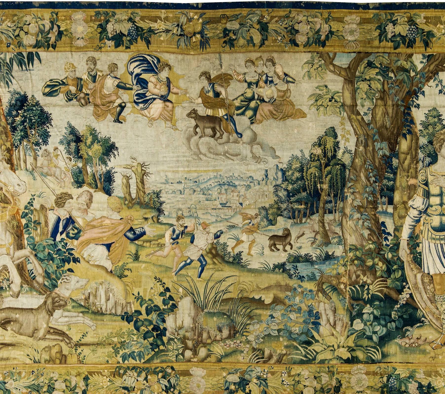 Audenarde mythological tapestry panel Audenarde, southern low countries, measures: 11'4 high x 21'6 wide late 16th century the tapestry has three distinct scenic sections: hunters to the left, aristocratic figures to the right and a figural group of