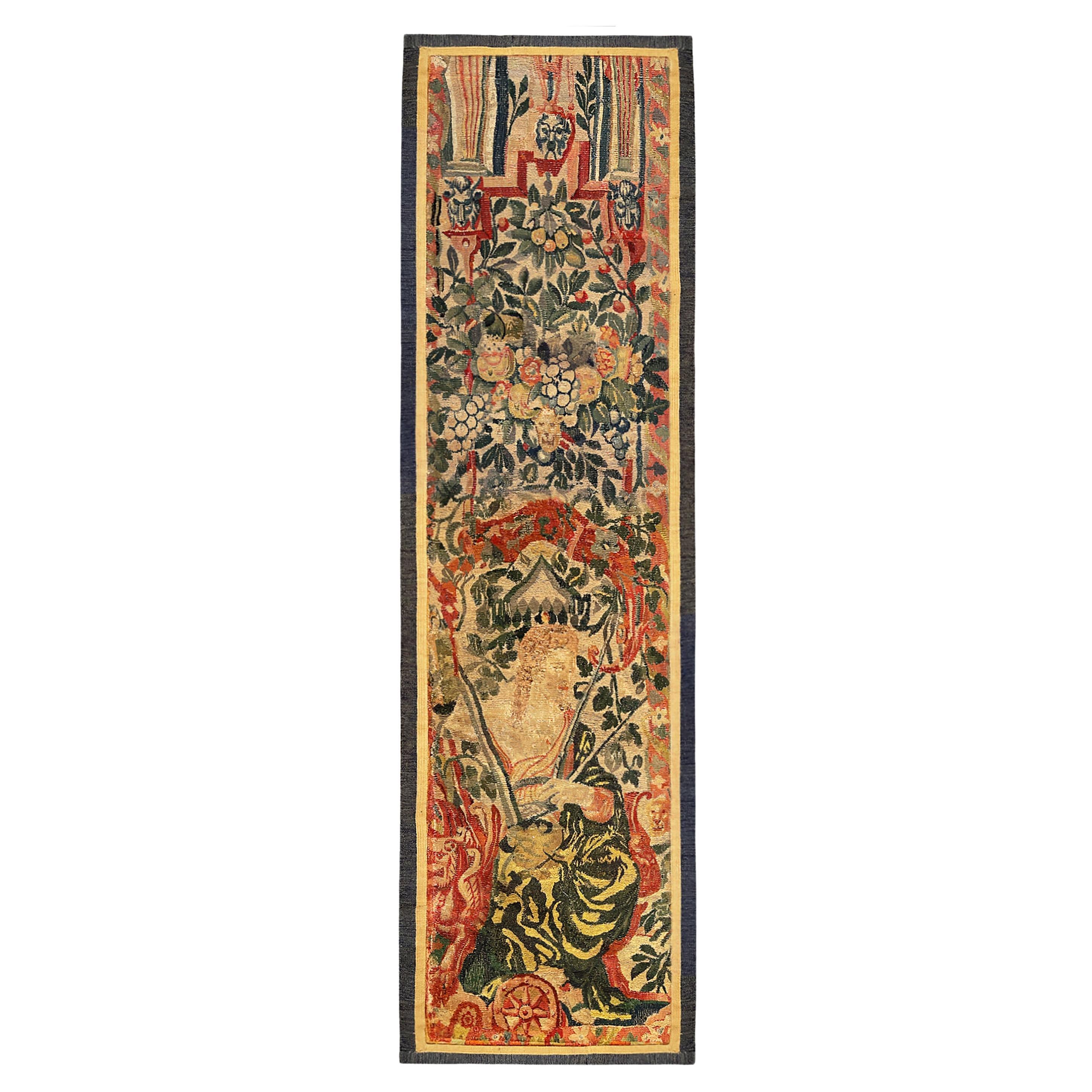Late 16th Century Brussels Historical Tapestry Panel, Vertical, Woman & Flowers