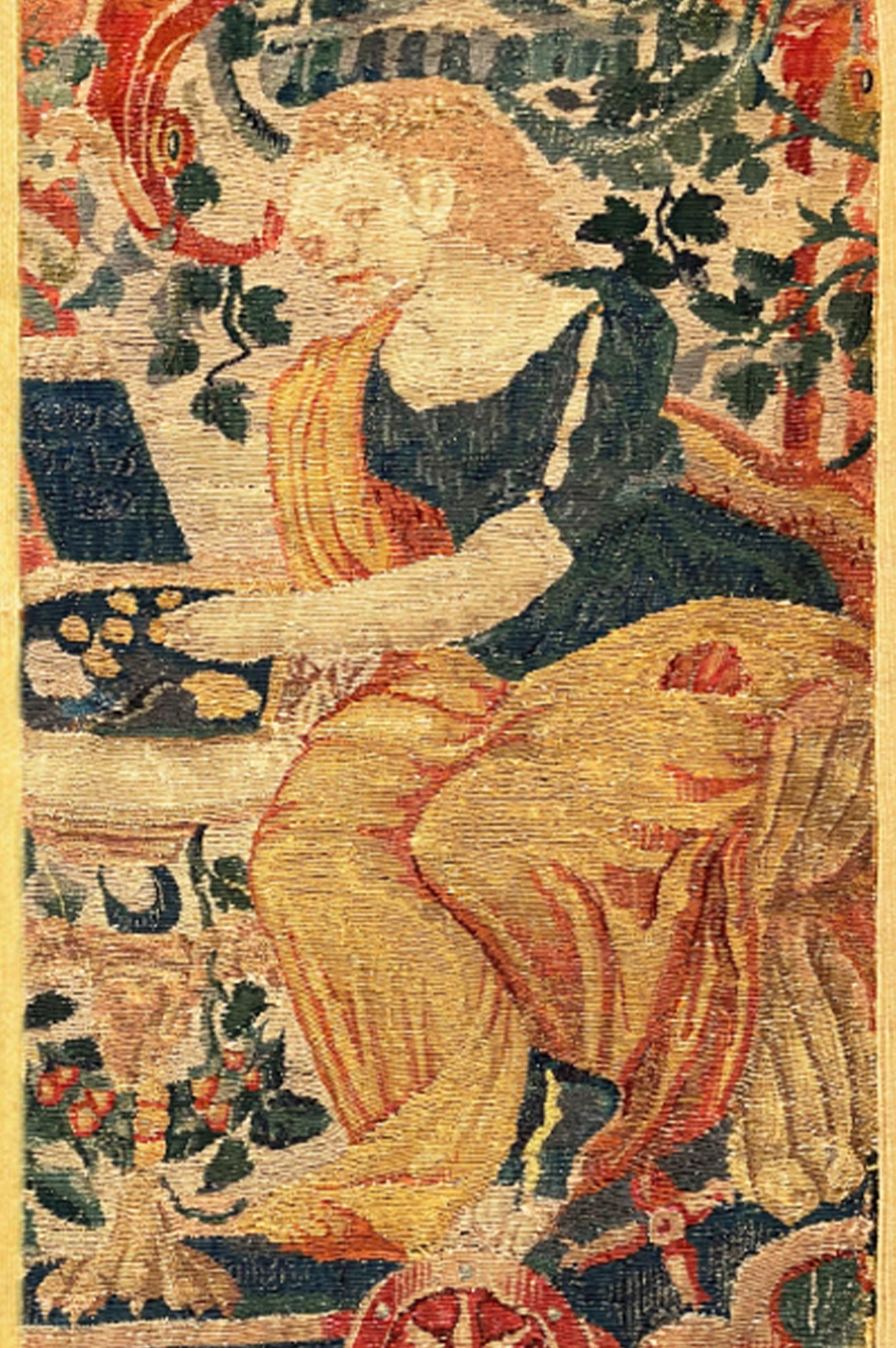 Hand-Woven Late 16th Century Brussels Historical Tapestry Panel, Woman & Flowers, Vertical For Sale