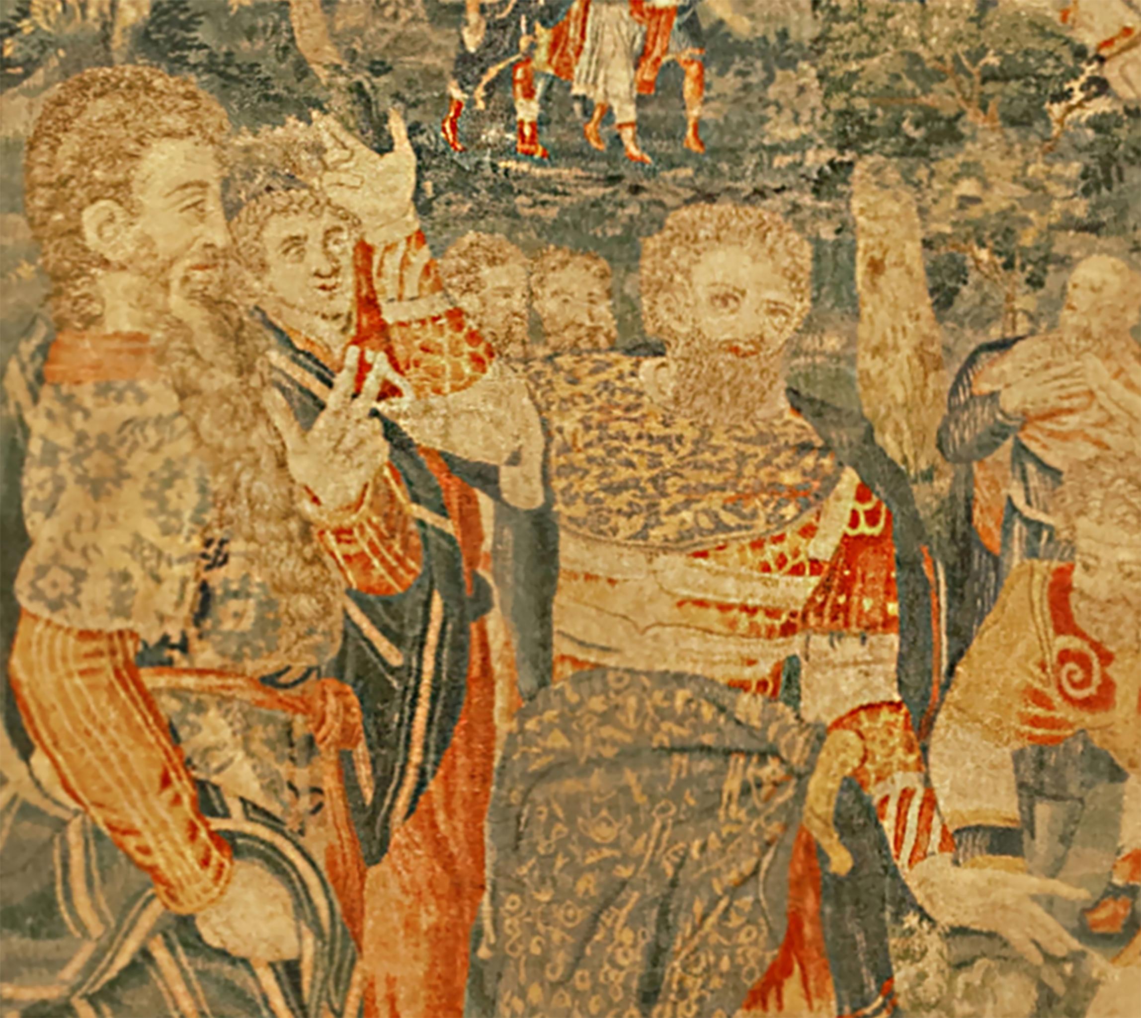 Belge Tapisserie historique bruxelloise de la fin du XVIe siècle, avec des guerriers rassemblés dans une forêt en vente