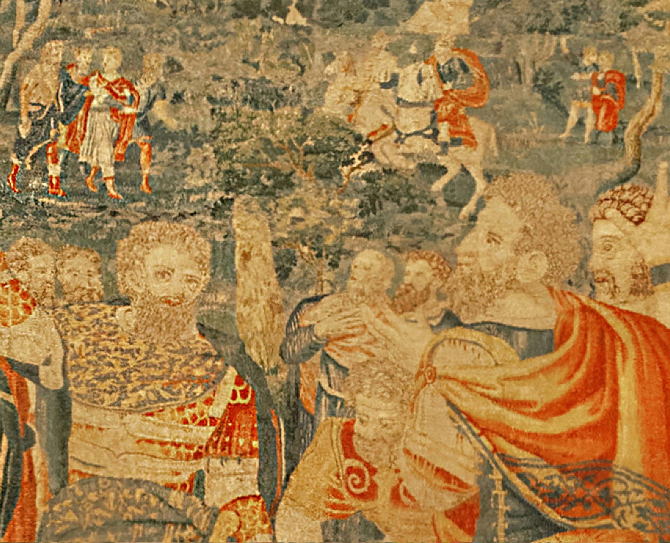 Historischer Brüsseler Wandteppich des späten 16. Jahrhunderts, mit Kriegern, die in einem Wald gekehrt sind, (Handgewebt) im Angebot