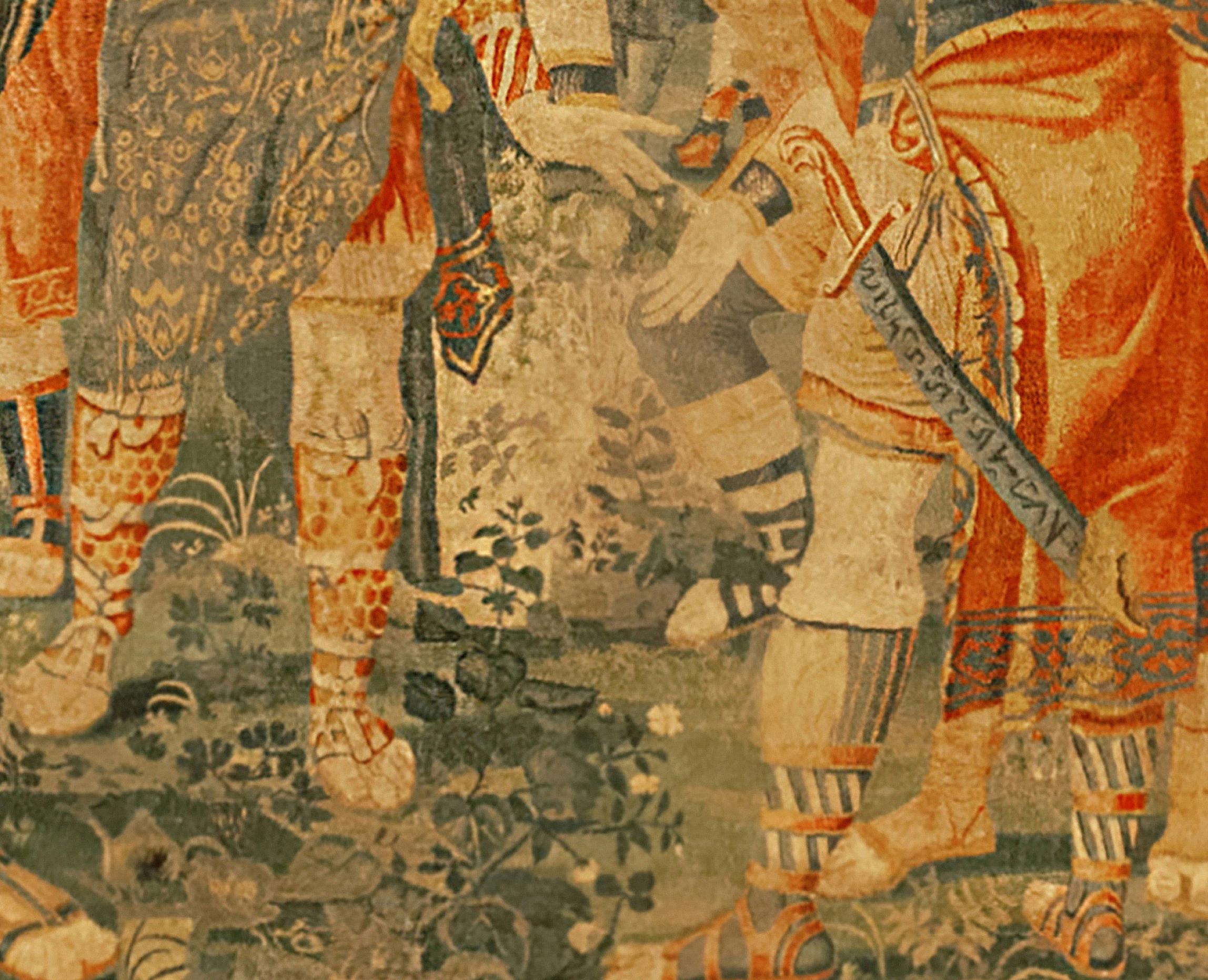 Tapisserie historique bruxelloise de la fin du XVIe siècle, avec des guerriers rassemblés dans une forêt Bon état - En vente à New York, NY