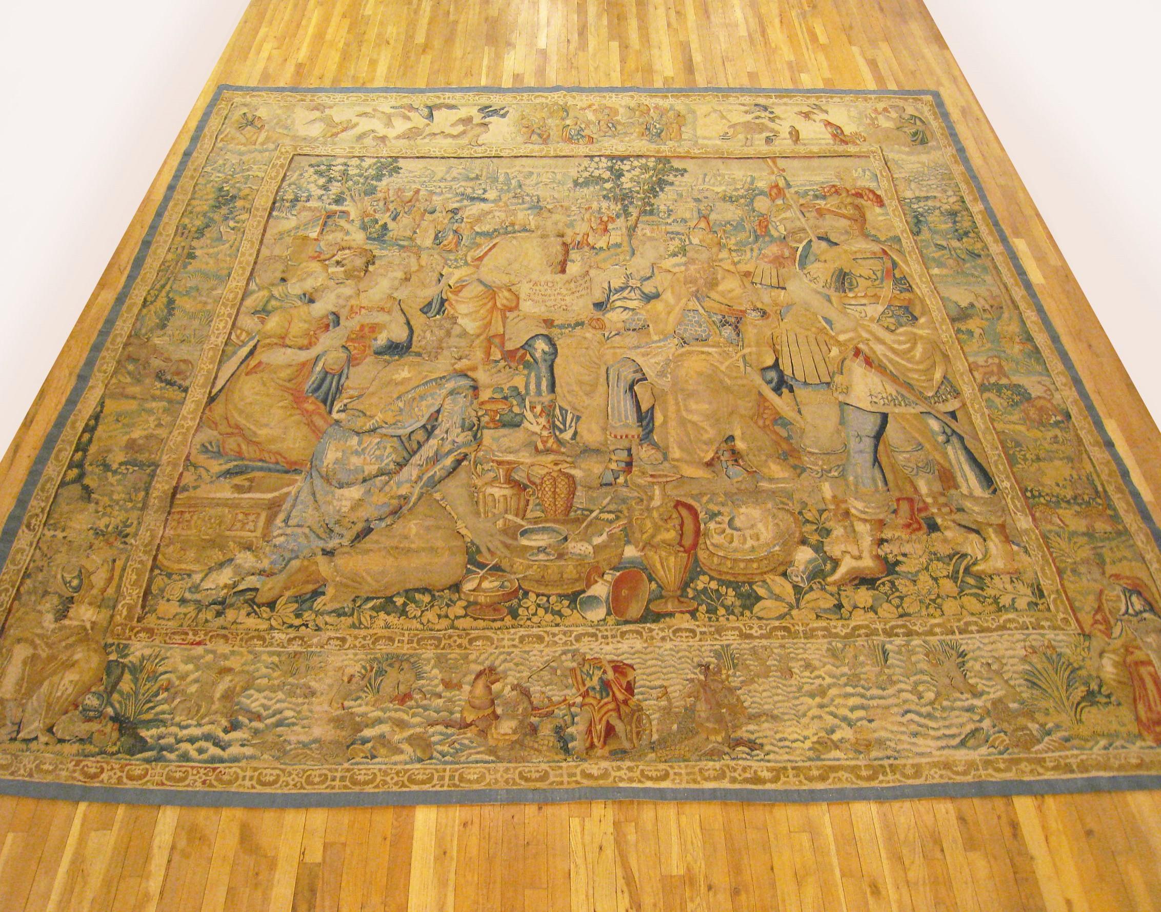 A Brussels historical tapestry, attributed to Martin Reymbouts, late 16th century. From the Story of Scipio series, the renowned Roman general, victorious after the Punic War, with king and queen enthroned and surrounded by soldiers, people kneeling