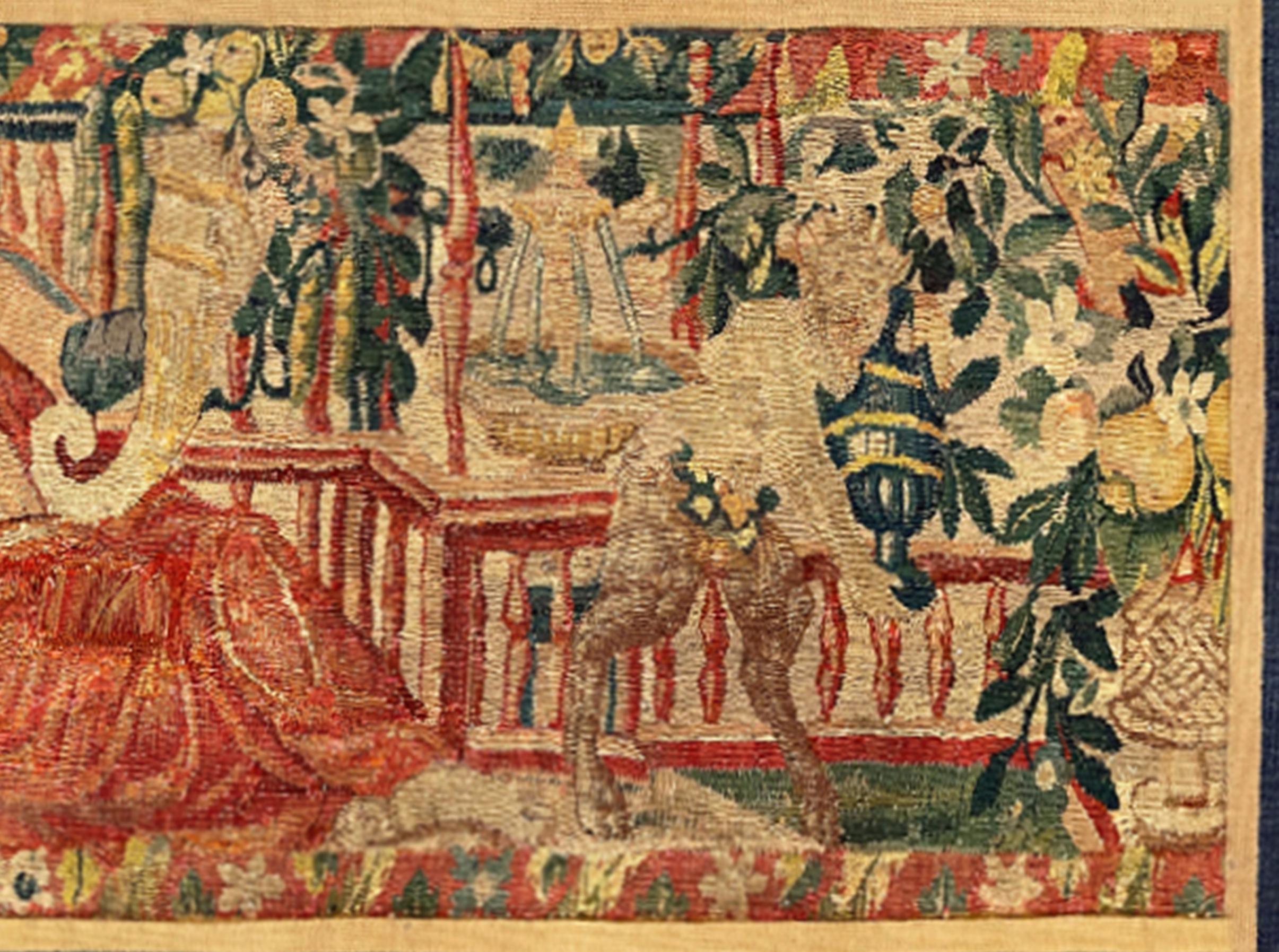 18th Century and Earlier Late 16th Century Brussels Mythological Tapestry, Horizontal, Woman & Cornucopia For Sale