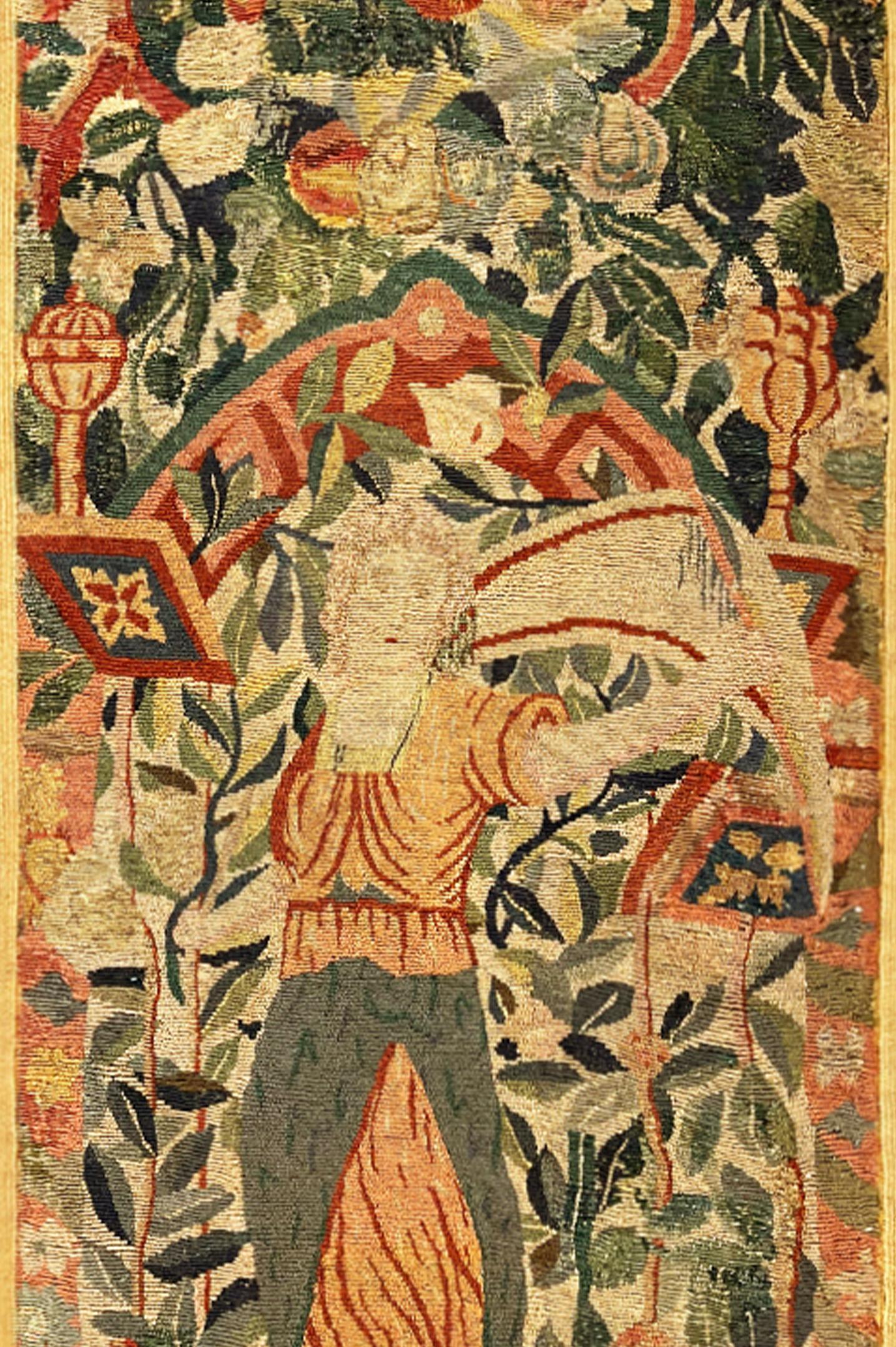 Late 16th Century Brussels Mythological Tapestry Panel, Vertical, Women & Flower In Good Condition For Sale In New York, NY