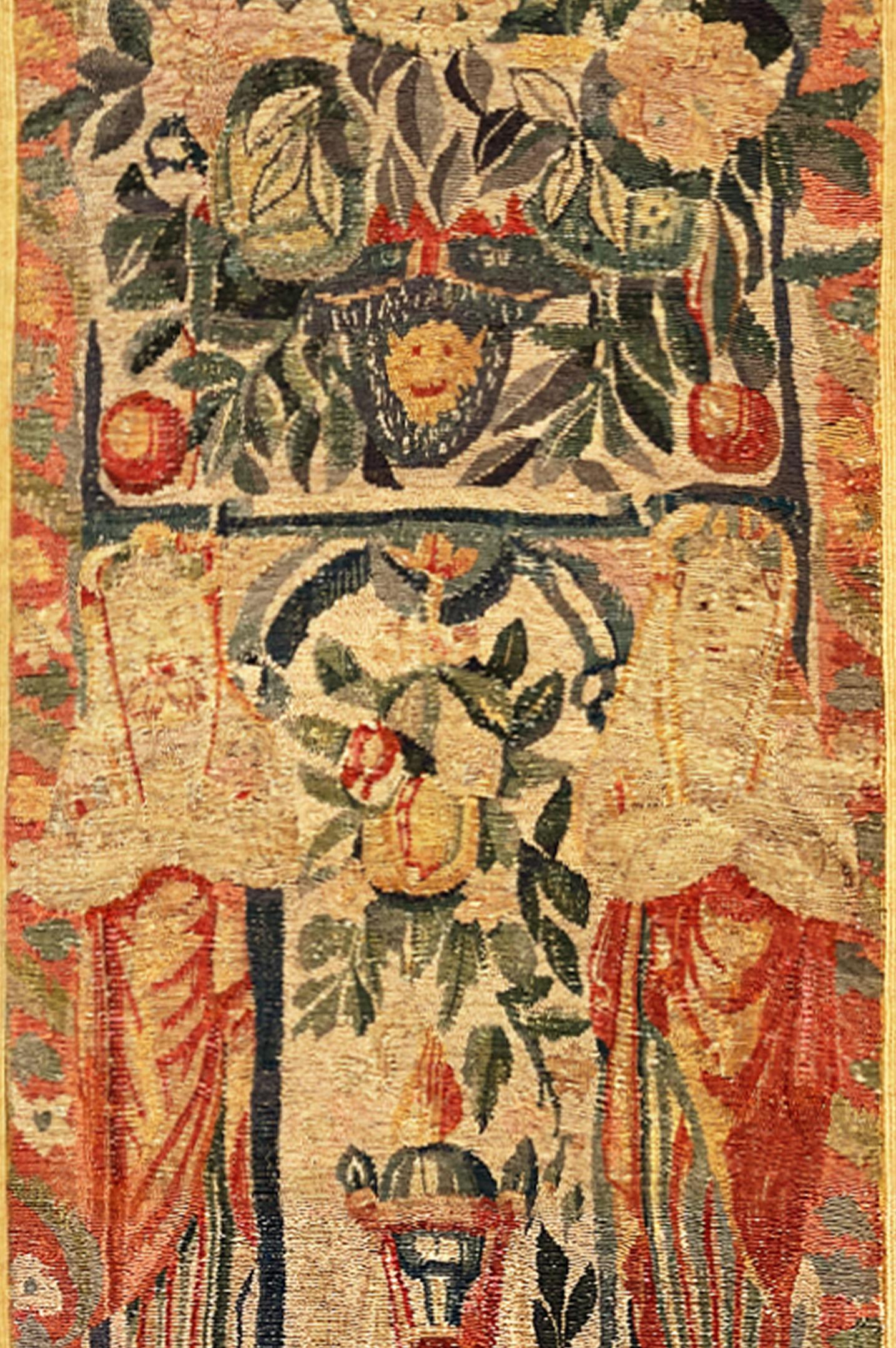 18th Century and Earlier Late 16th Century Brussels Mythological Tapestry Panel, Vertical, Women & Flower For Sale