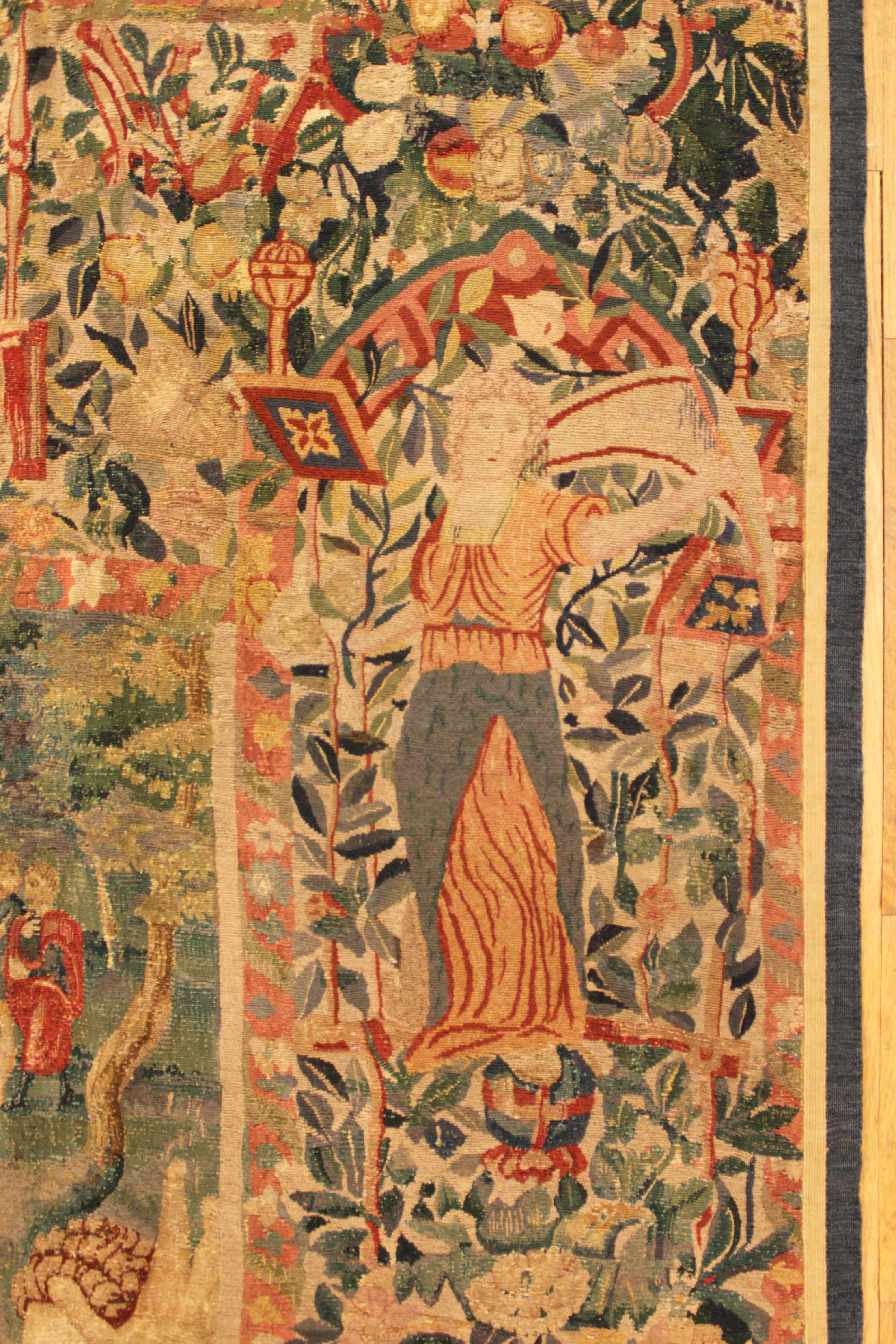 Hand-Woven Late 16th Century Brussels Mythological Tapestry Panel, Vertical, Women & Flower For Sale