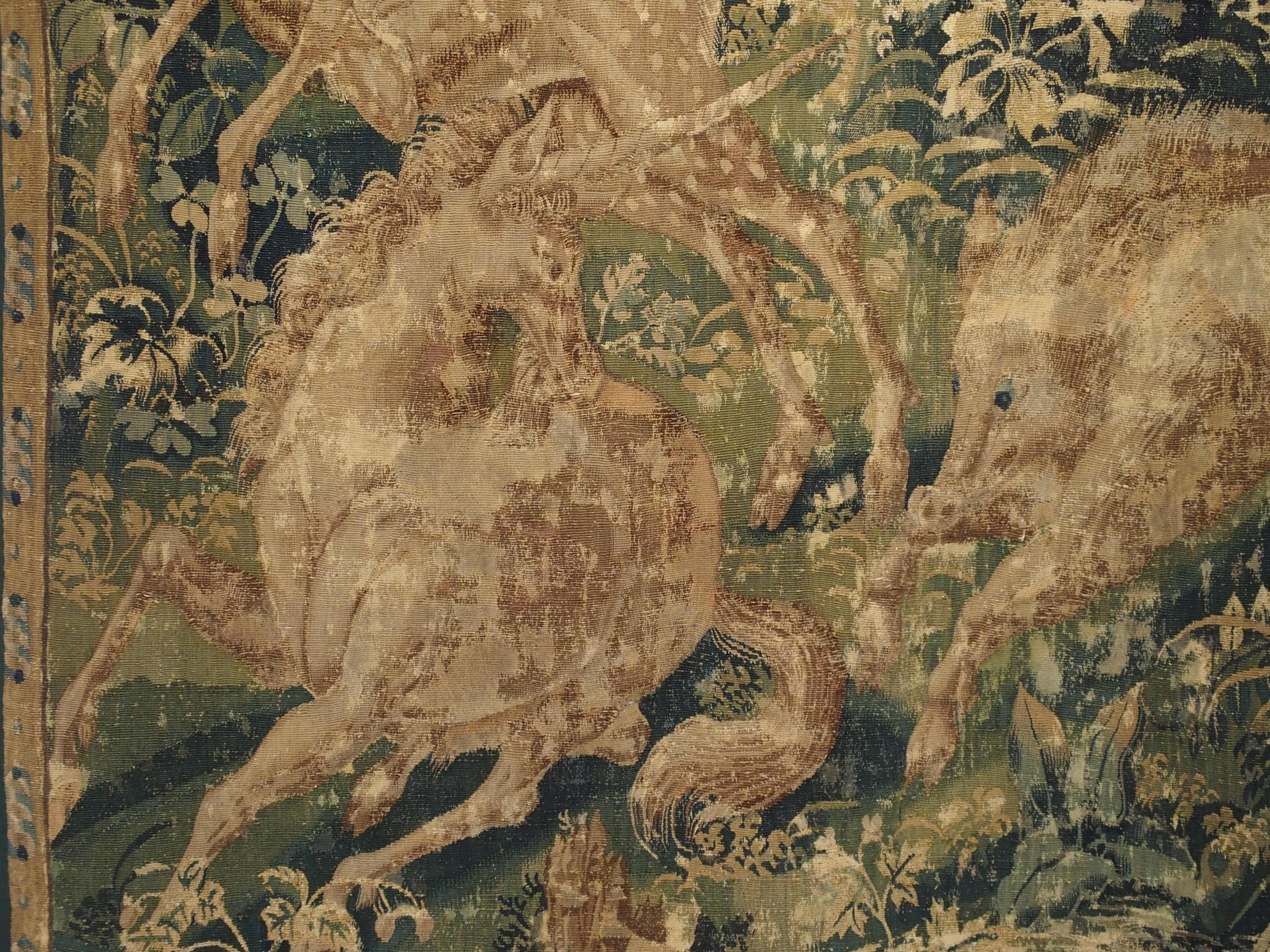 This magnificent tapestry was woven in Flanders during the middle of the European Renaissance, in the late 1500s. At this time, Flanders was creating some of the best textiles in the world, and many of the rich wooded scenes with animals and hunting