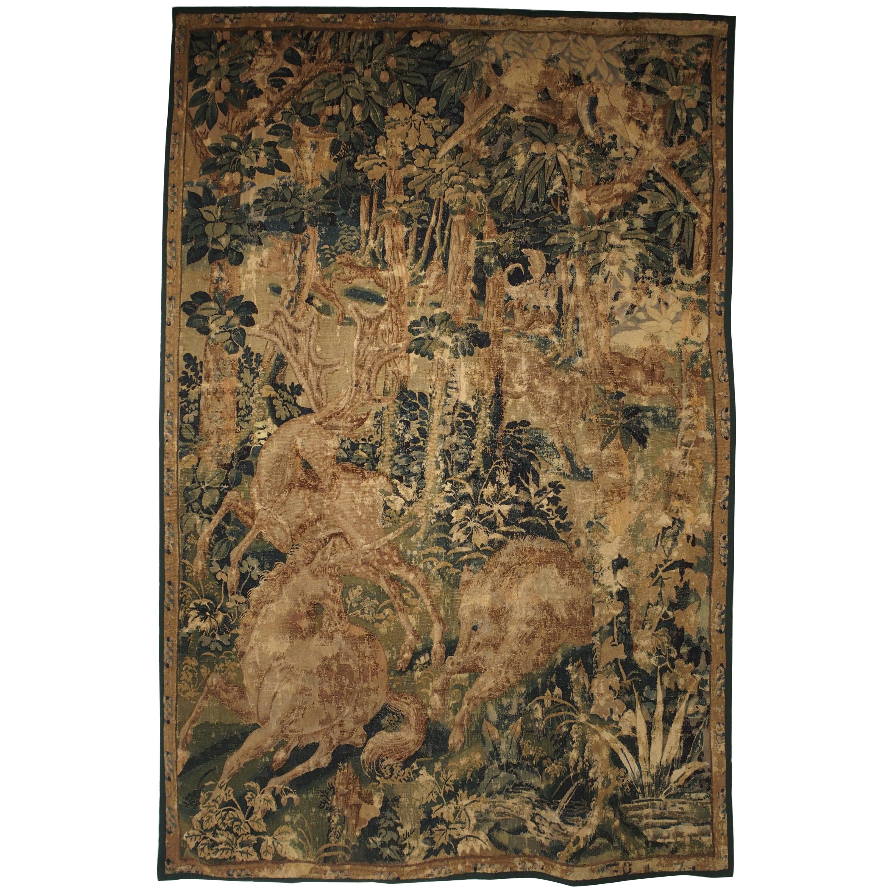 Late 16th Century Flemish Game Park Tapestry with Unicorn, Stag, and Boar