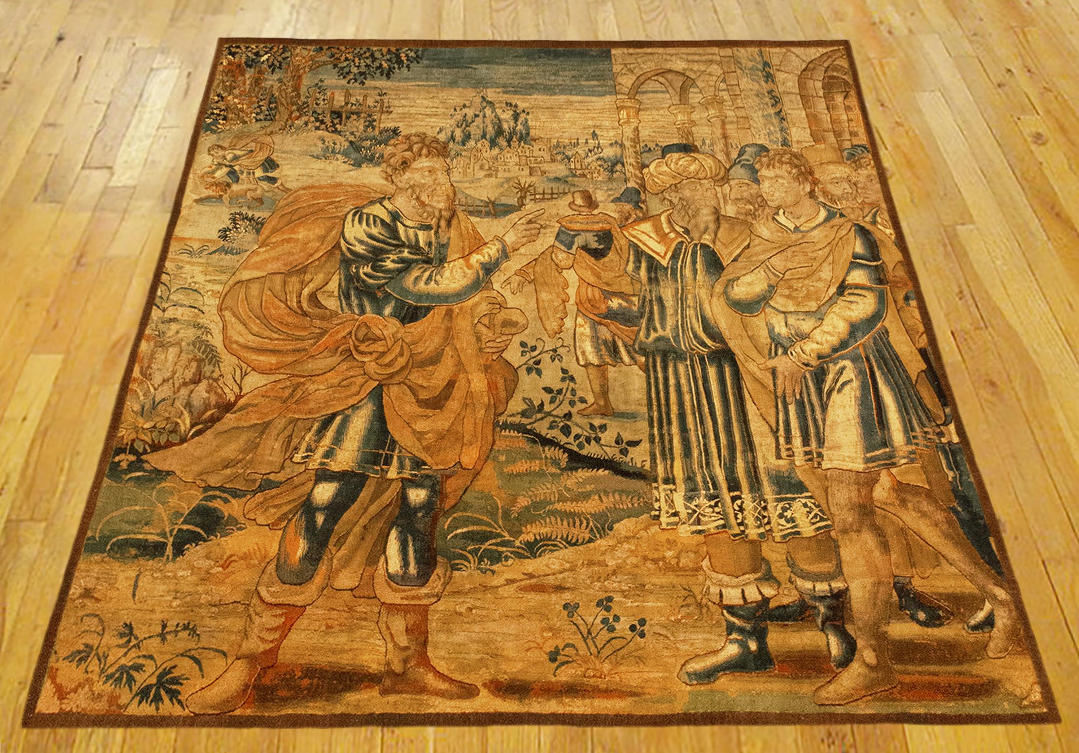 A Flemish tapestry from the late 16th century, with the renowned Roman general, Scipio at left, after having conquered Carthage in the Battle of Zama, ending the Second Punic War. Measures: 8’6” H x 7’9” W.

Scipio stands victorious at left,