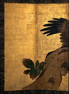 Late 16th Century, Japanese Folding Screen, Hawk on Oak tree, Momoyama Period
