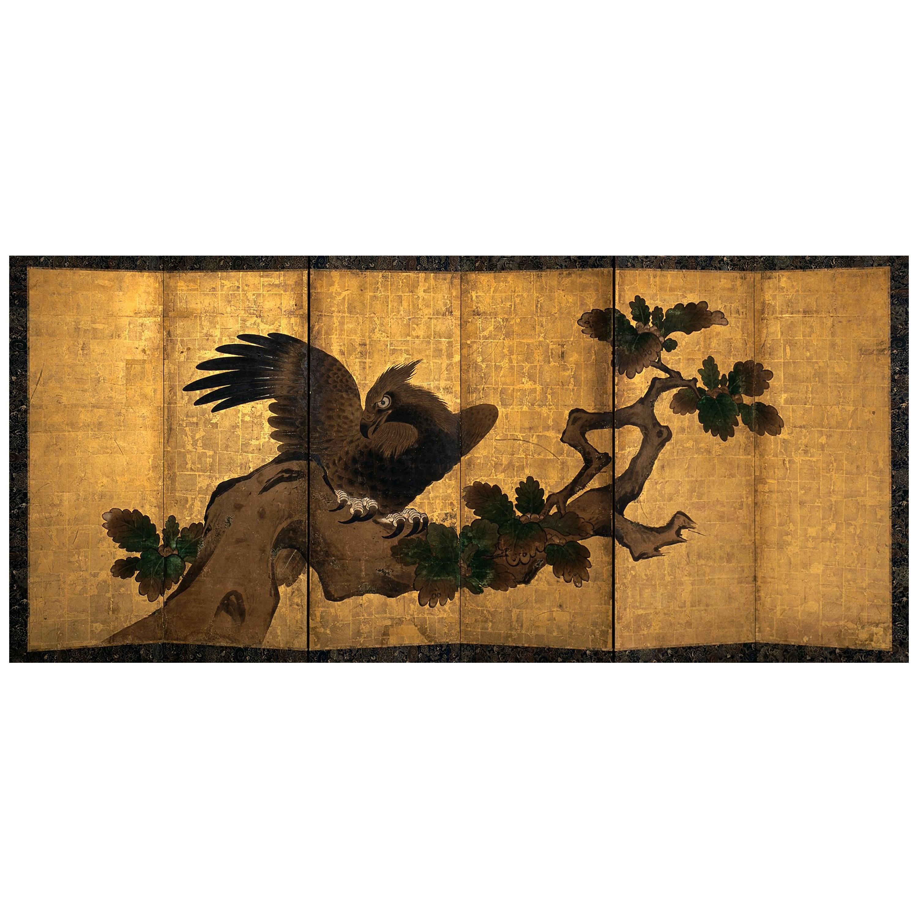 Late 16th Century, Japanese Folding Screen, Hawk on Oak tree, Momoyama Period For Sale