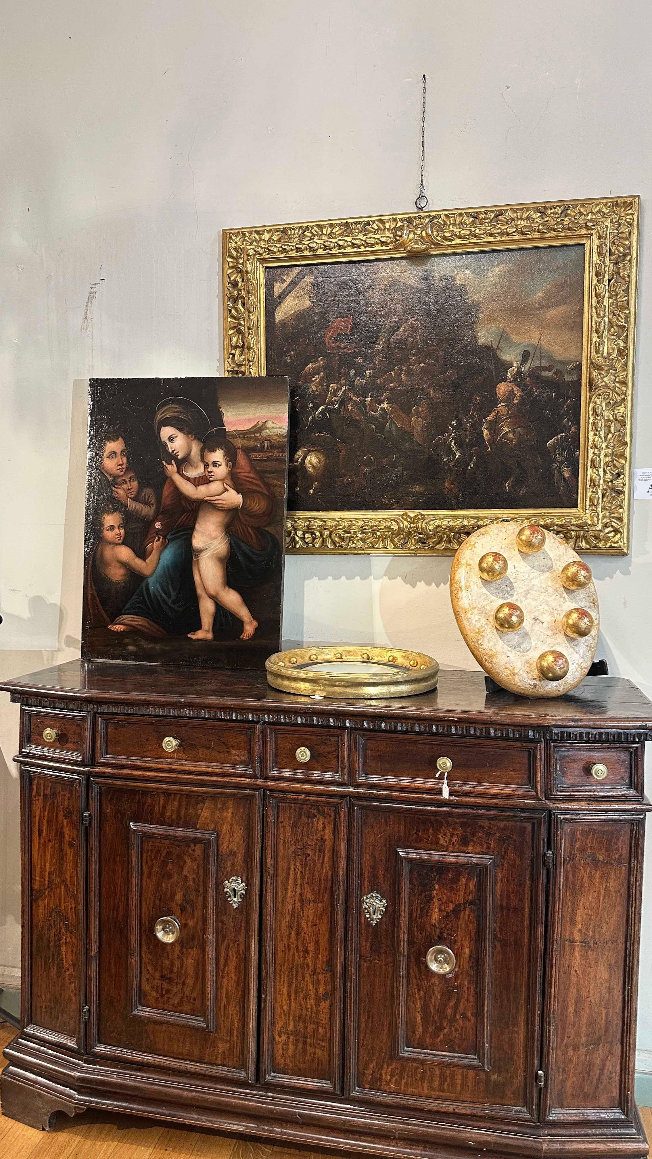 LATE 16th CENTURY OIL PAINTING ON PANEL MADONNA WITH JESUS AND JOHN For Sale 2
