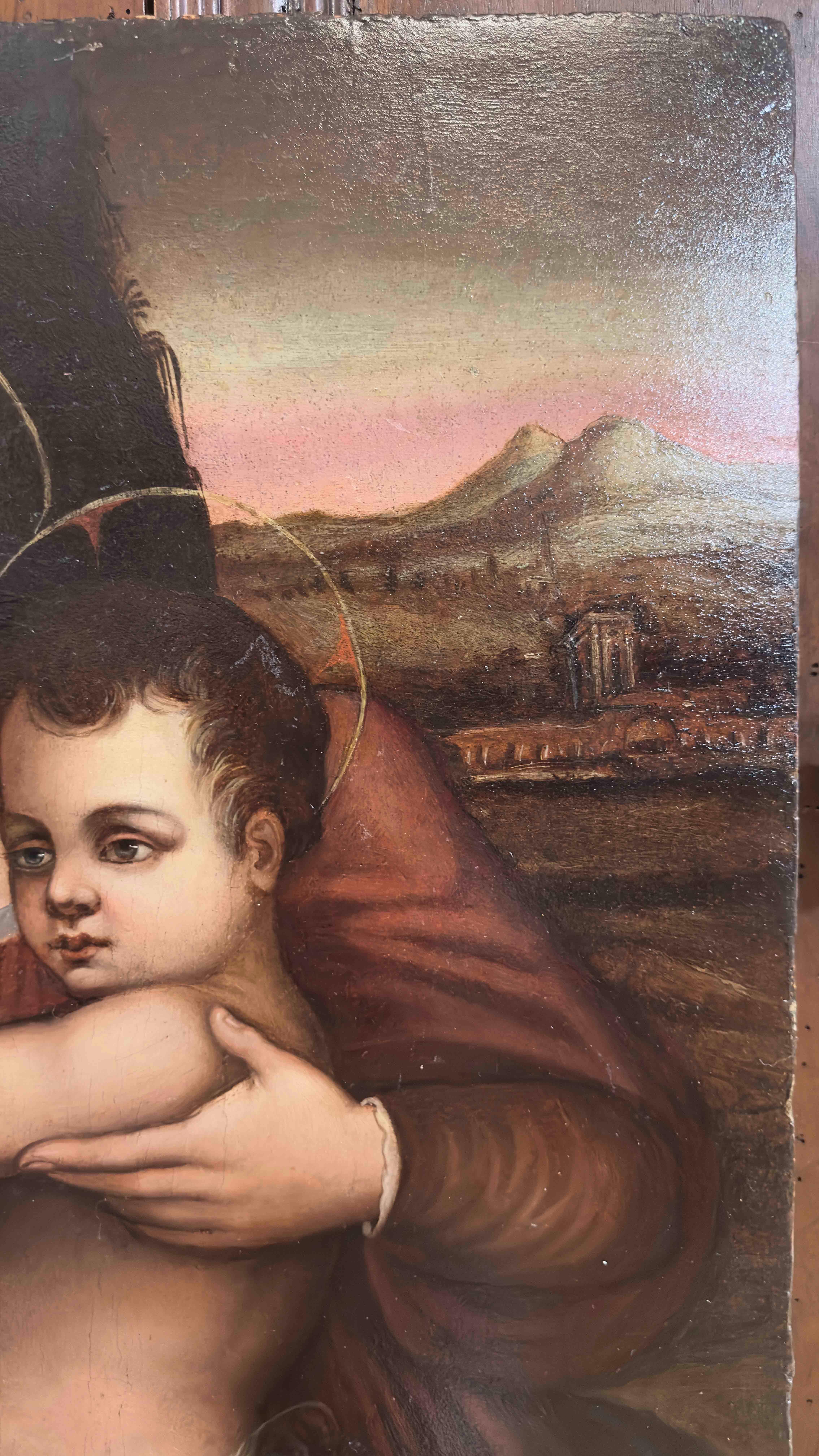 LATE 16th CENTURY OIL PAINTING ON PANEL MADONNA WITH JESUS AND JOHN For Sale 4