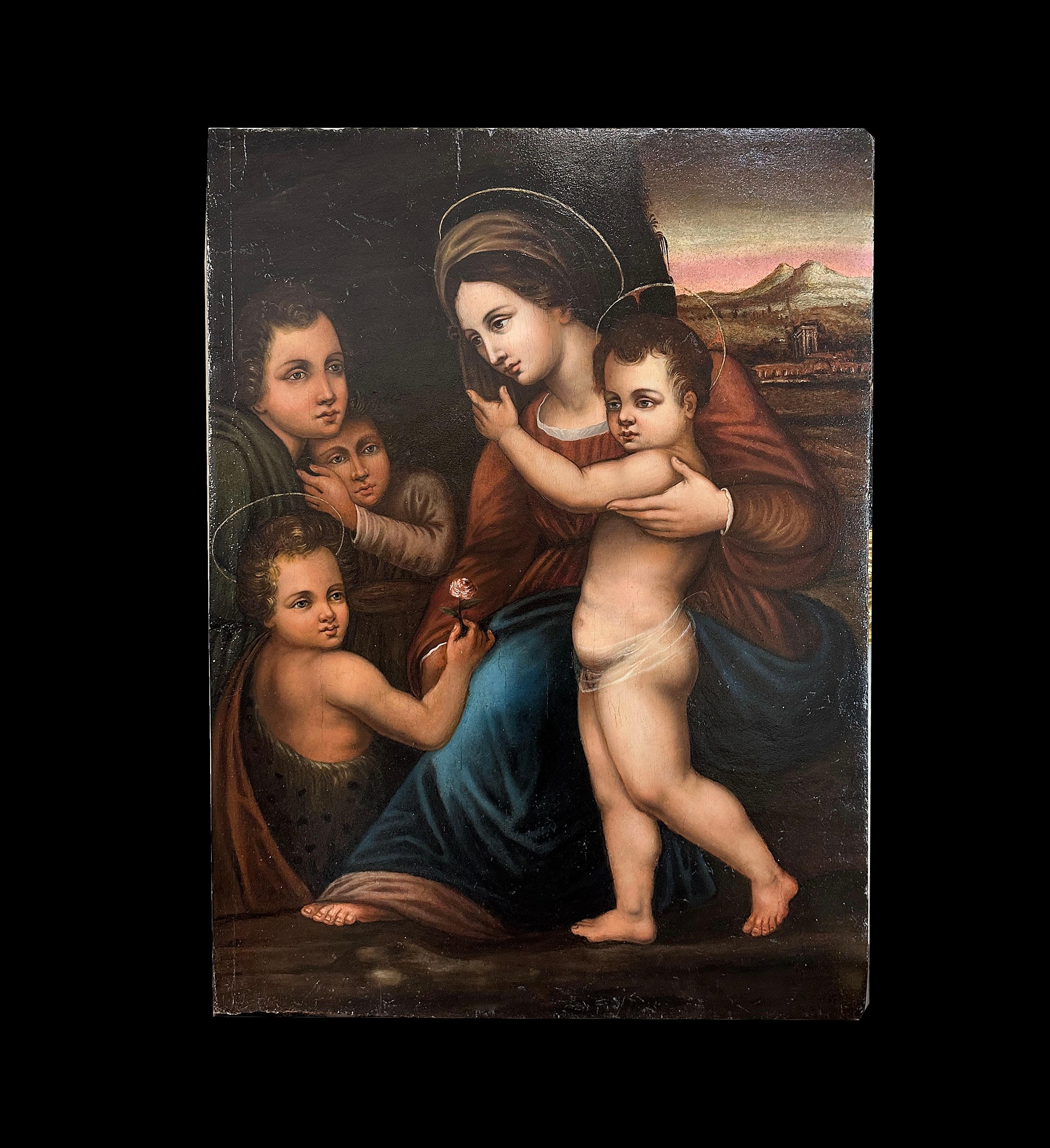 Beautiful oil painting on wooden catwood panel. The painting has an almost Leonardesque background, characterized by a temple and distant mountains that recall the Holy Land. In the foreground, the Madonna is depicted seated, with a halo and her