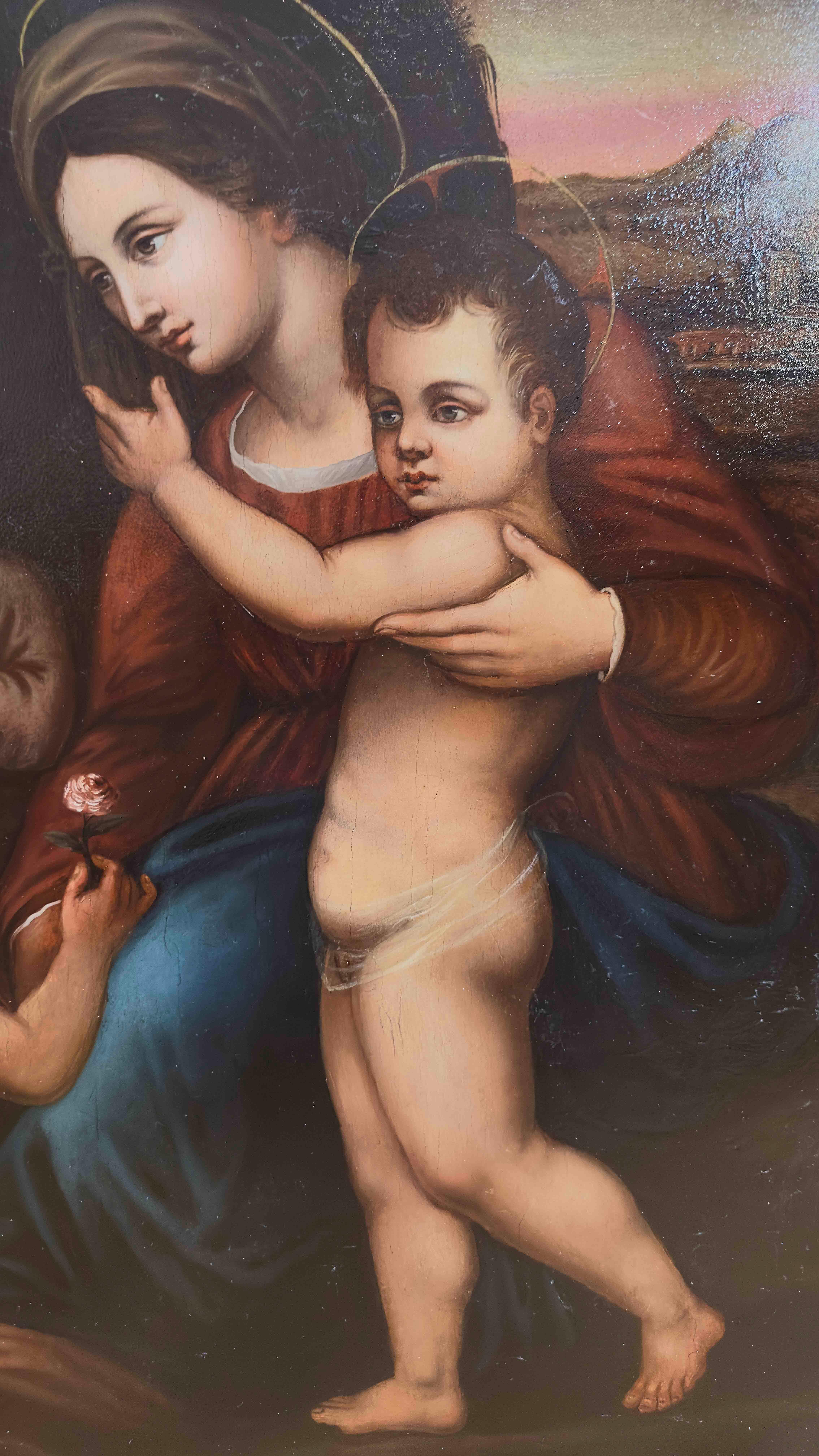 Renaissance LATE 16th CENTURY OIL PAINTING ON PANEL MADONNA WITH JESUS AND JOHN For Sale