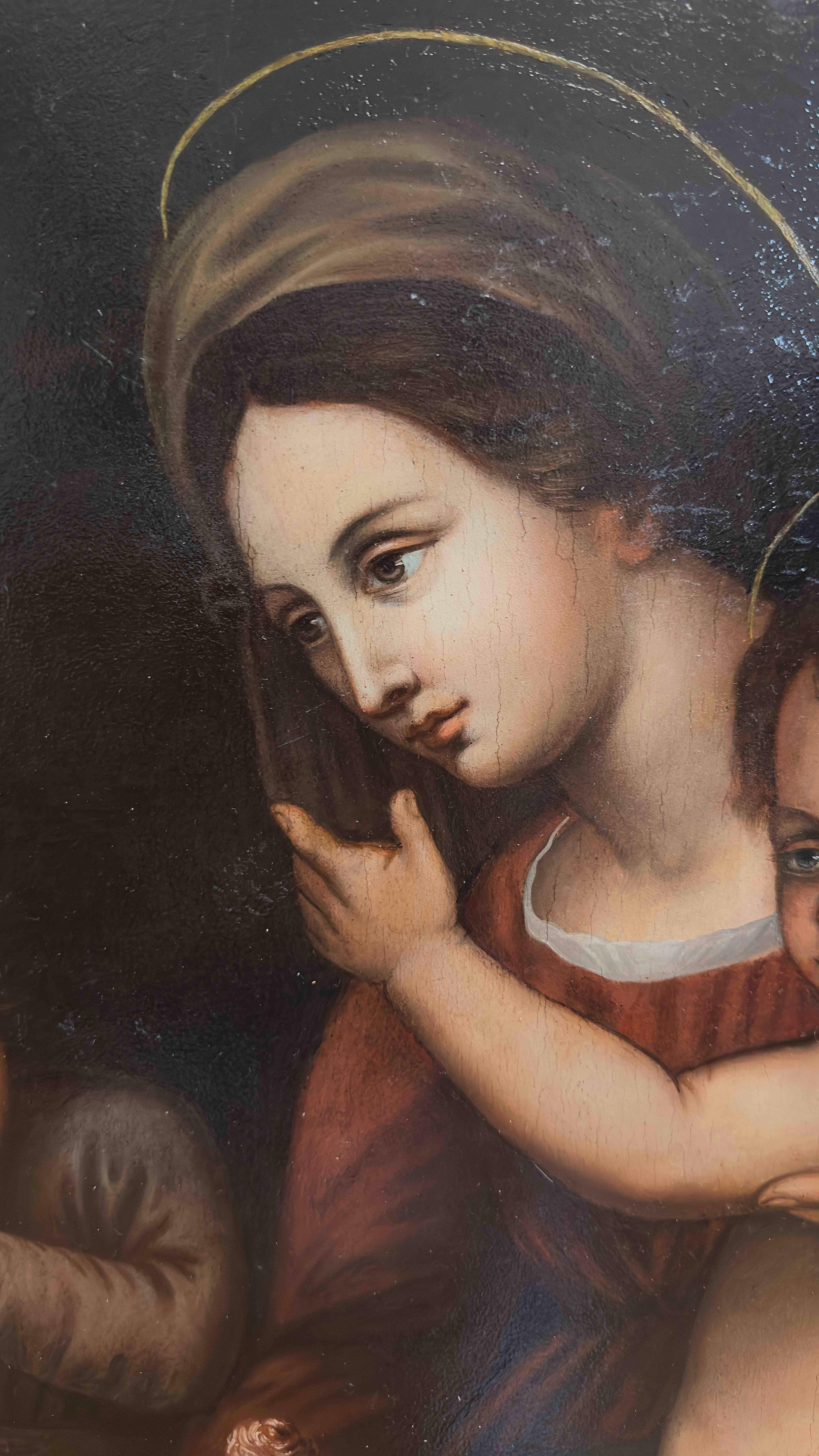 Italian LATE 16th CENTURY OIL PAINTING ON PANEL MADONNA WITH JESUS AND JOHN For Sale