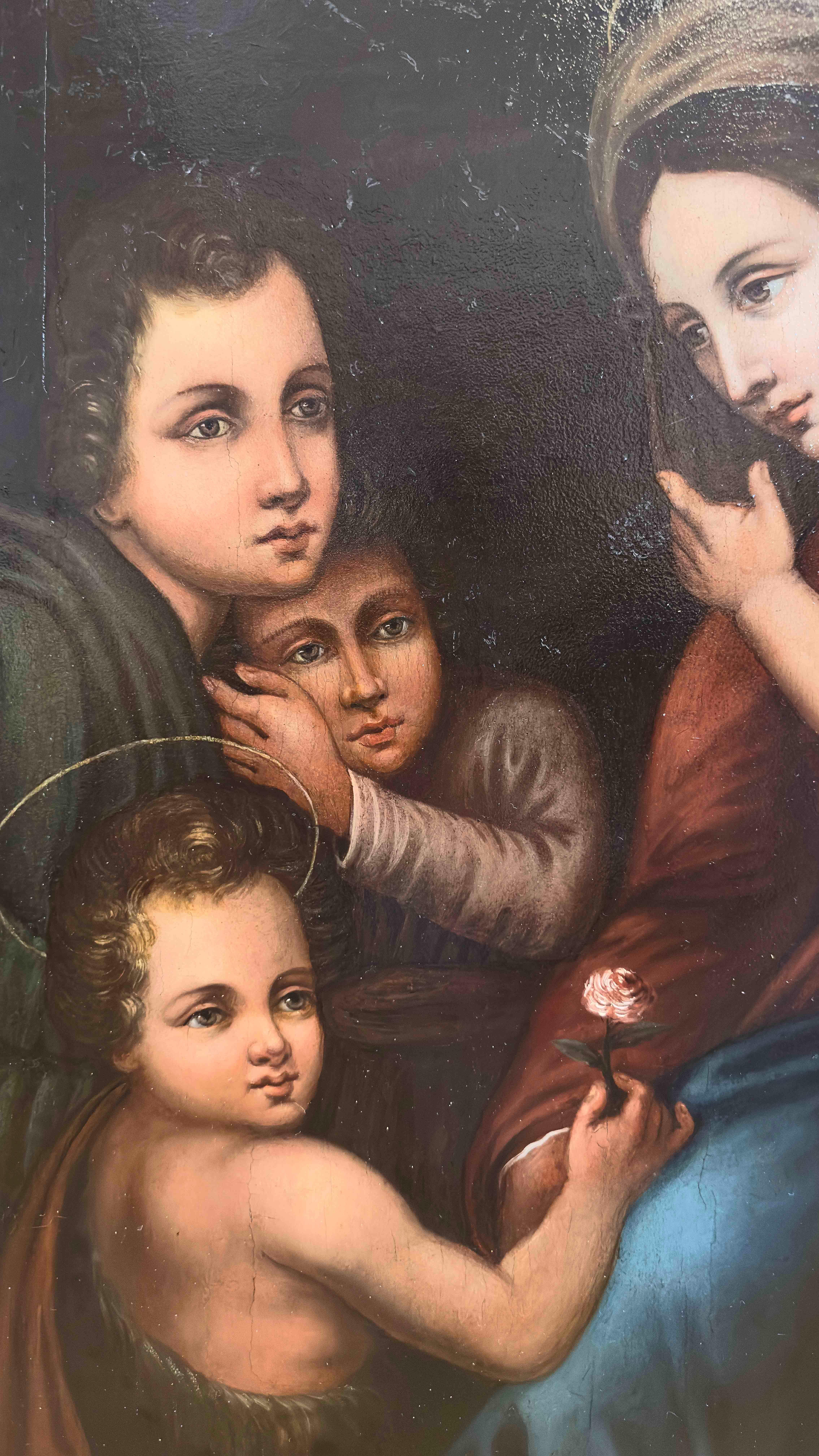 Oiled LATE 16th CENTURY OIL PAINTING ON PANEL MADONNA WITH JESUS AND JOHN For Sale