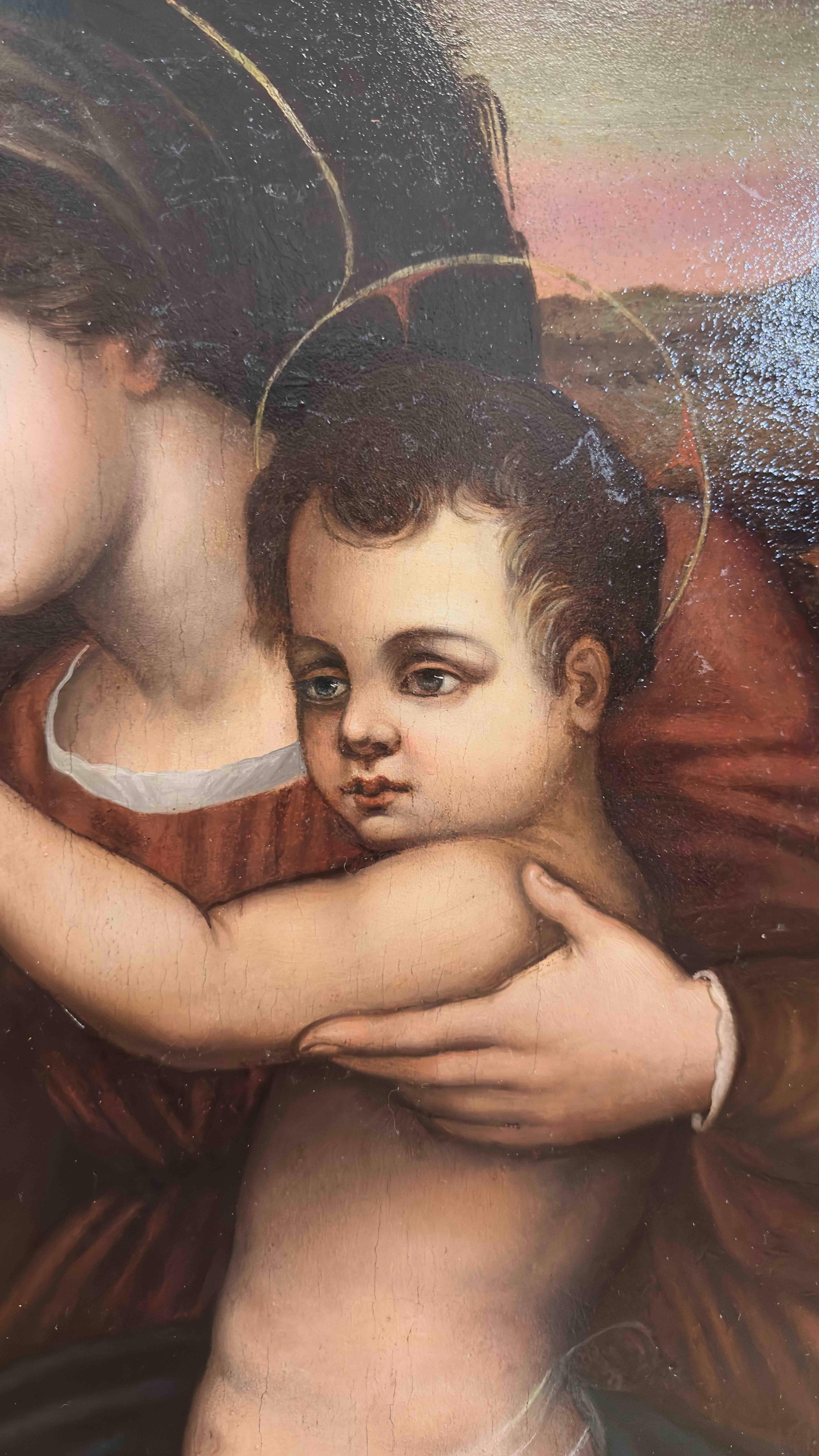 LATE 16th CENTURY OIL PAINTING ON PANEL MADONNA WITH JESUS AND JOHN In Good Condition For Sale In Firenze, FI