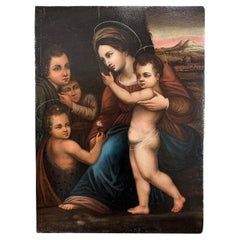 LATE 16th CENTURY OIL PAINTING ON PANEL MADONNA WITH JESUS AND JOHN