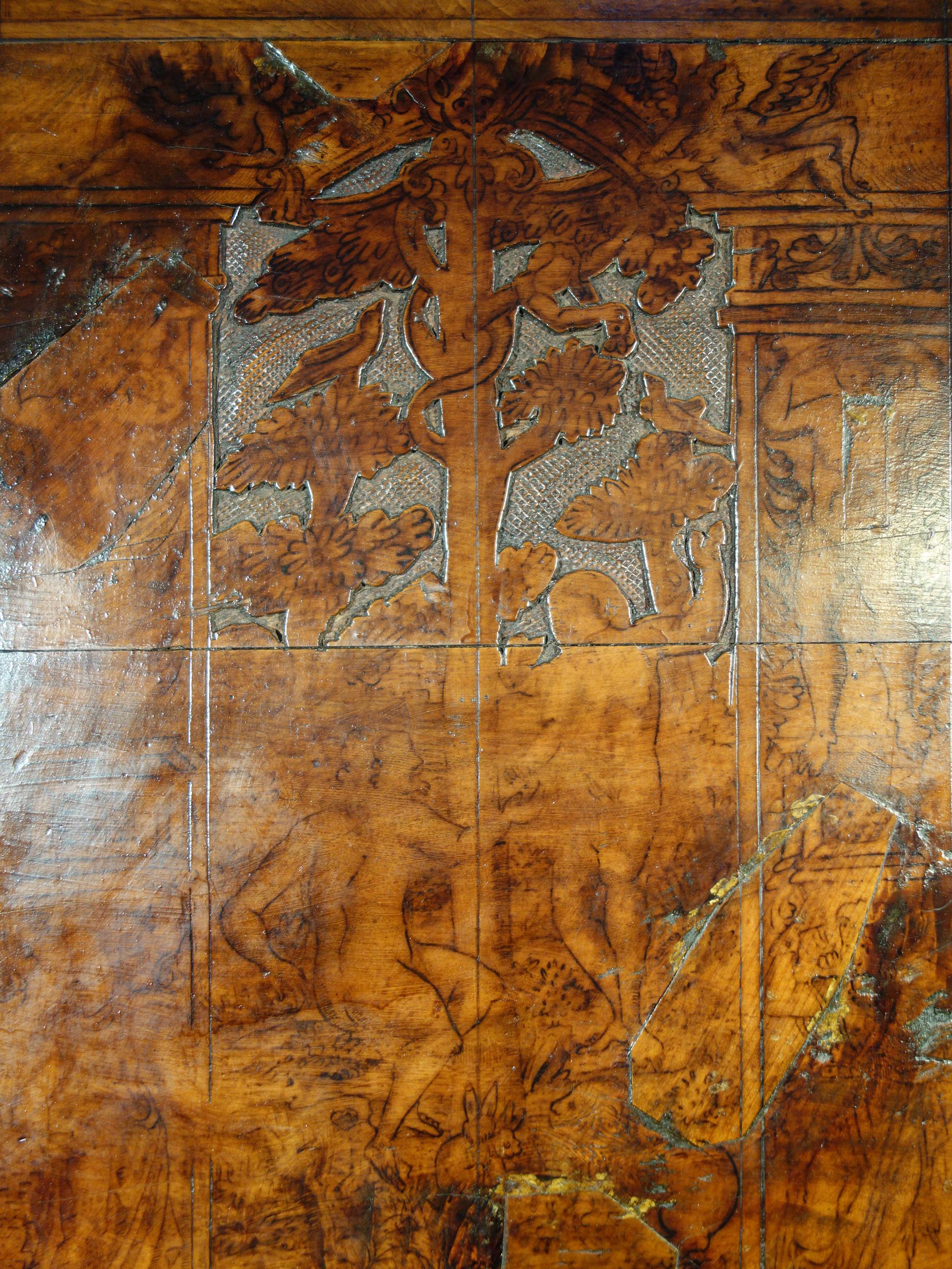 Late 16th Century Venetian Cedar Wood Cassone Nuptial Chest Garden of Eden Theme For Sale 7